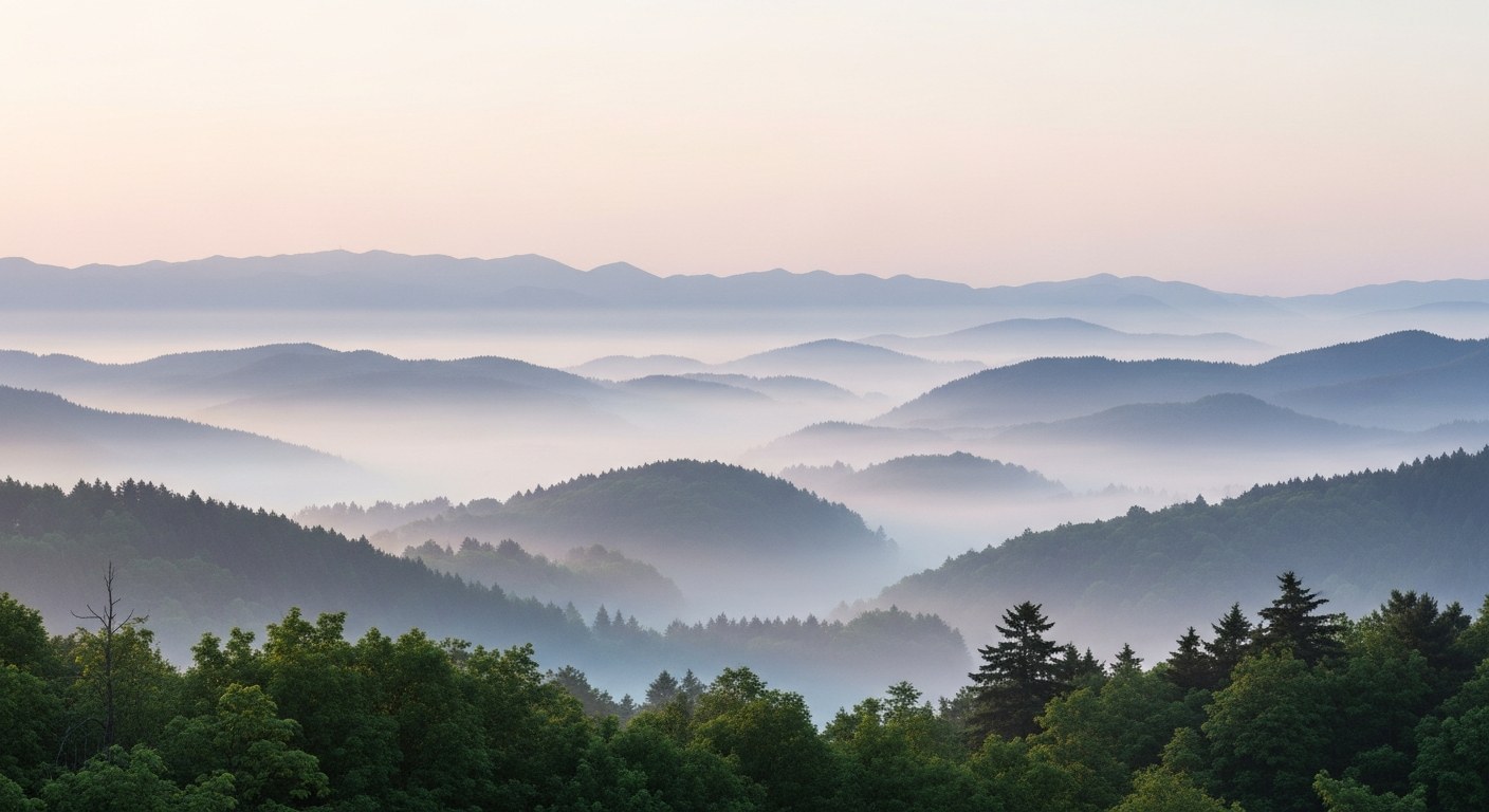 Soft watercolour of misty rolling hills at dawn, pale sage greens and lavender on aged parchment