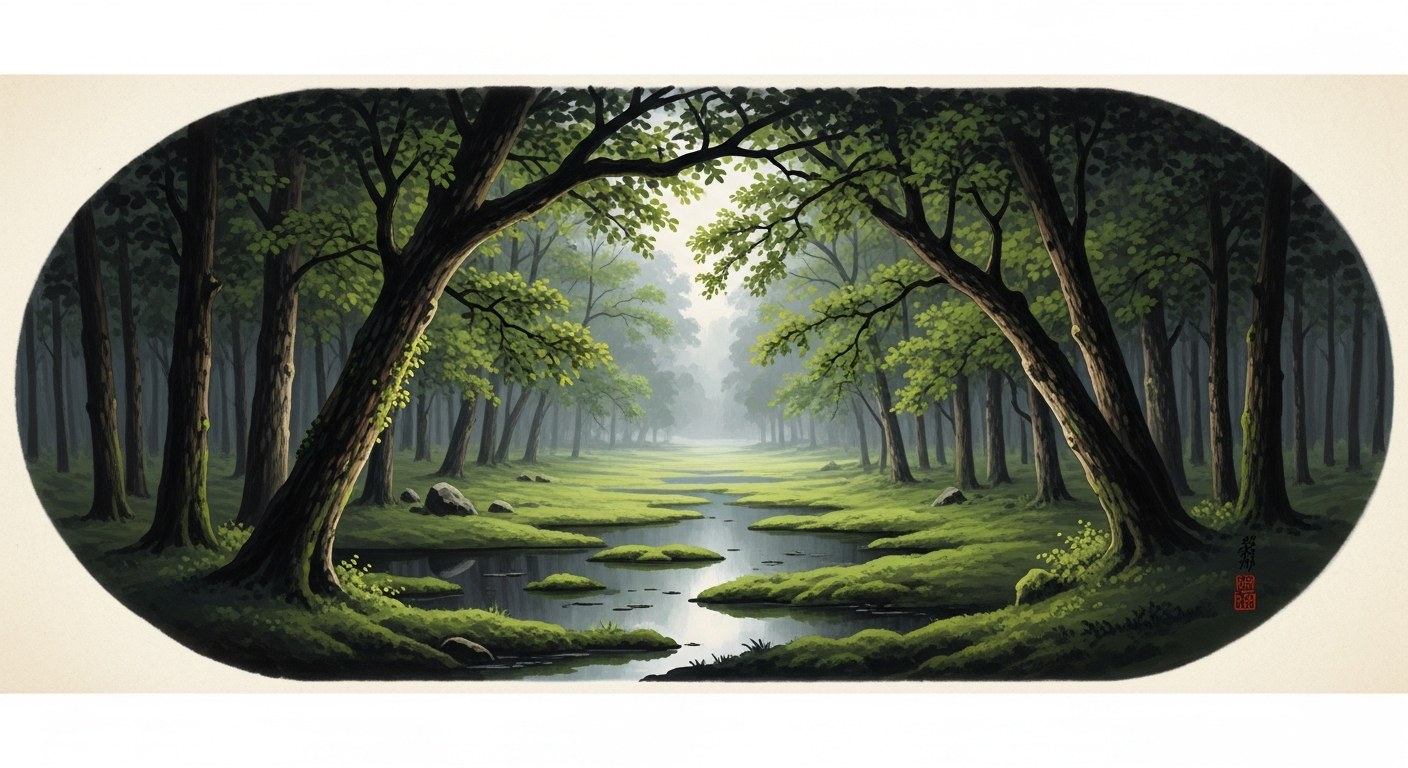 Watercolour of a forest clearing with a mossy pool and shafts of soft light on aged parchment