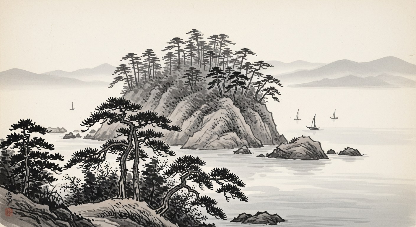 Japanese sumi-e ink painting of a pine-covered island rising from a misty sea
