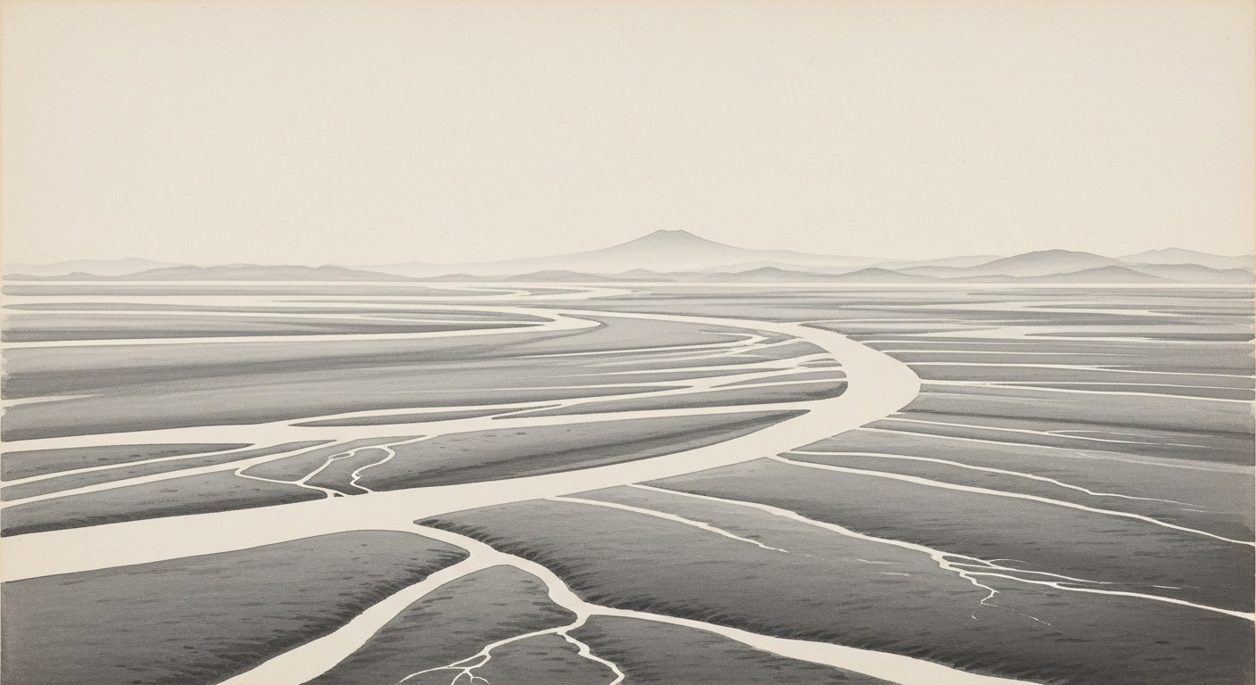 Japanese sumi-e ink painting of a wide river delta with pale ink channels through grey mudflats
