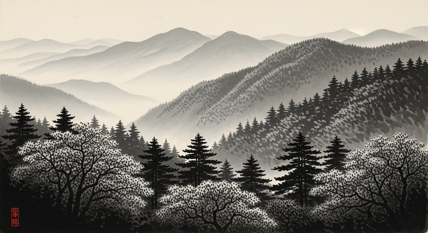 Japanese sumi-e ink painting of a mountain slope in autumn with ink-wash maple and pine panorama