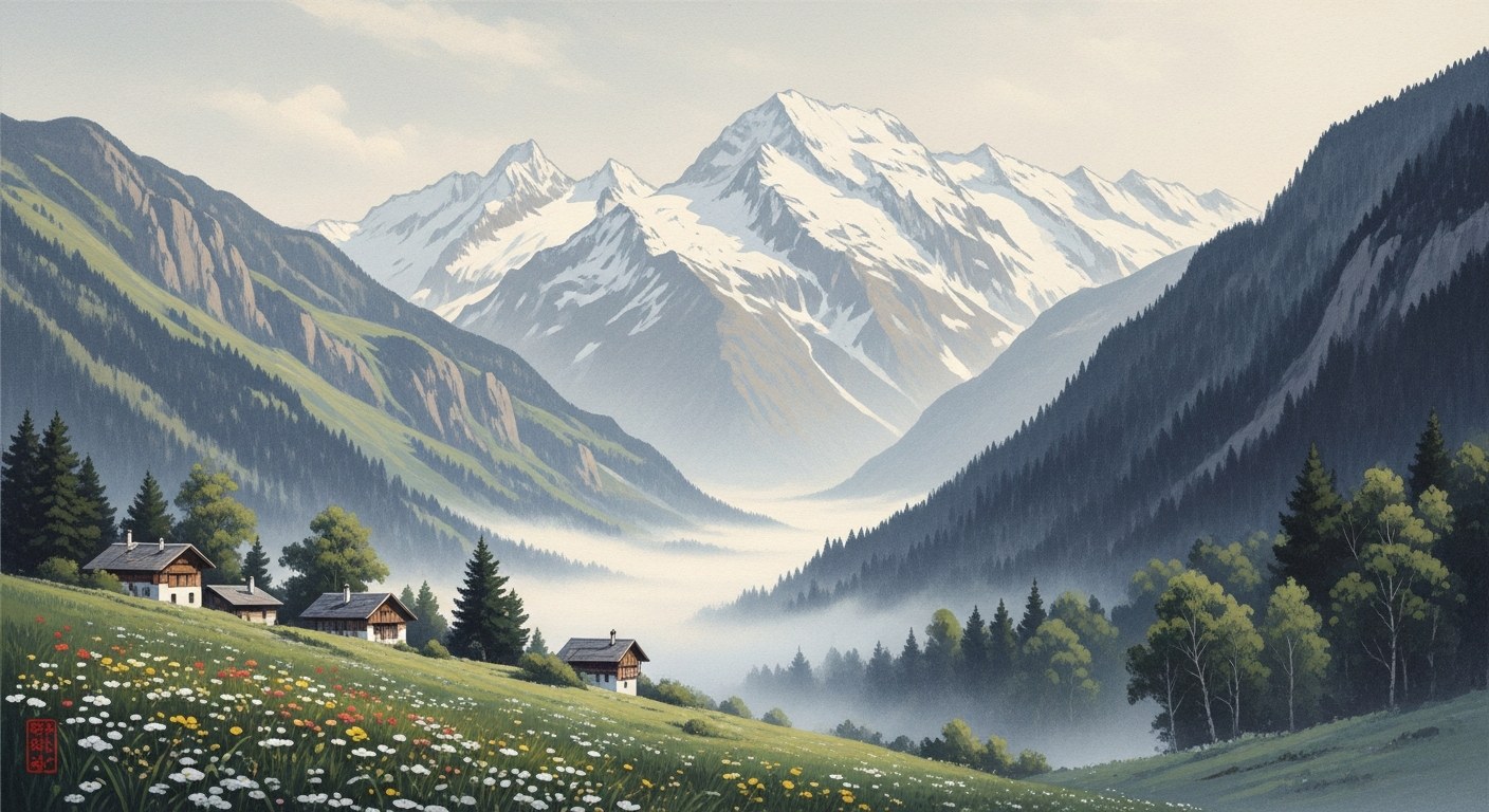 Watercolour of a sweeping alpine valley below snow-capped peaks in cool pale tones on aged parchment