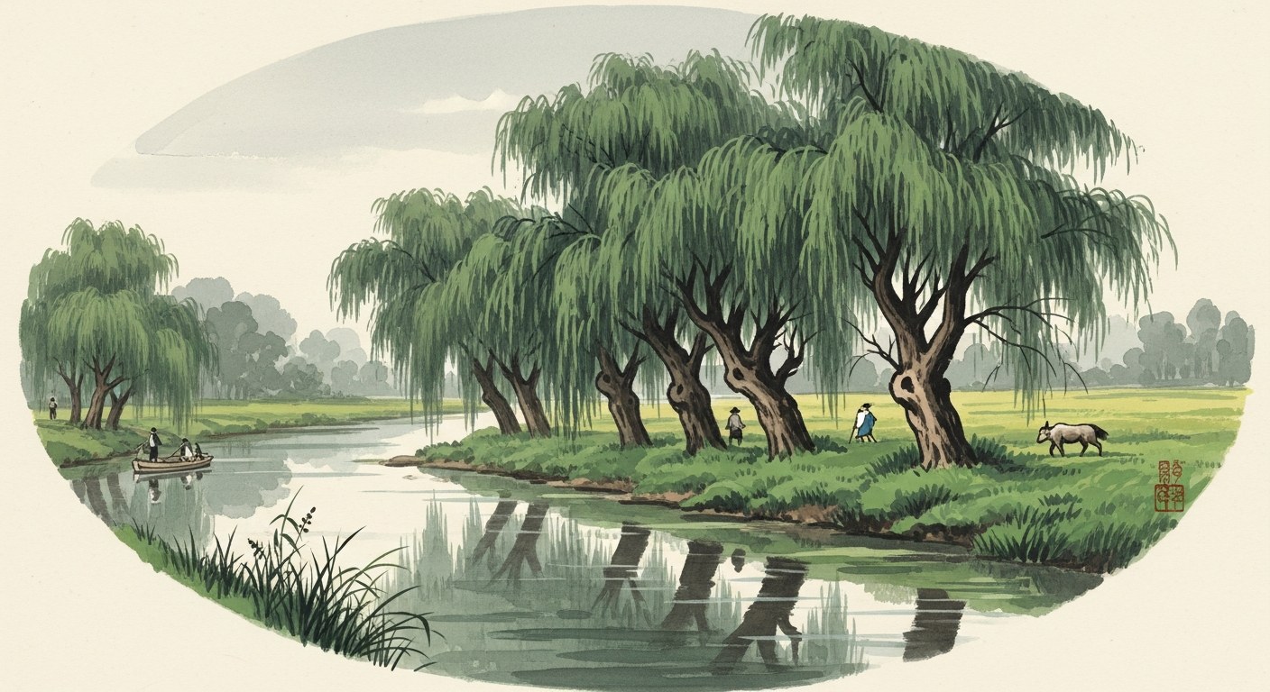 Soft watercolour of riverbank willows in summer