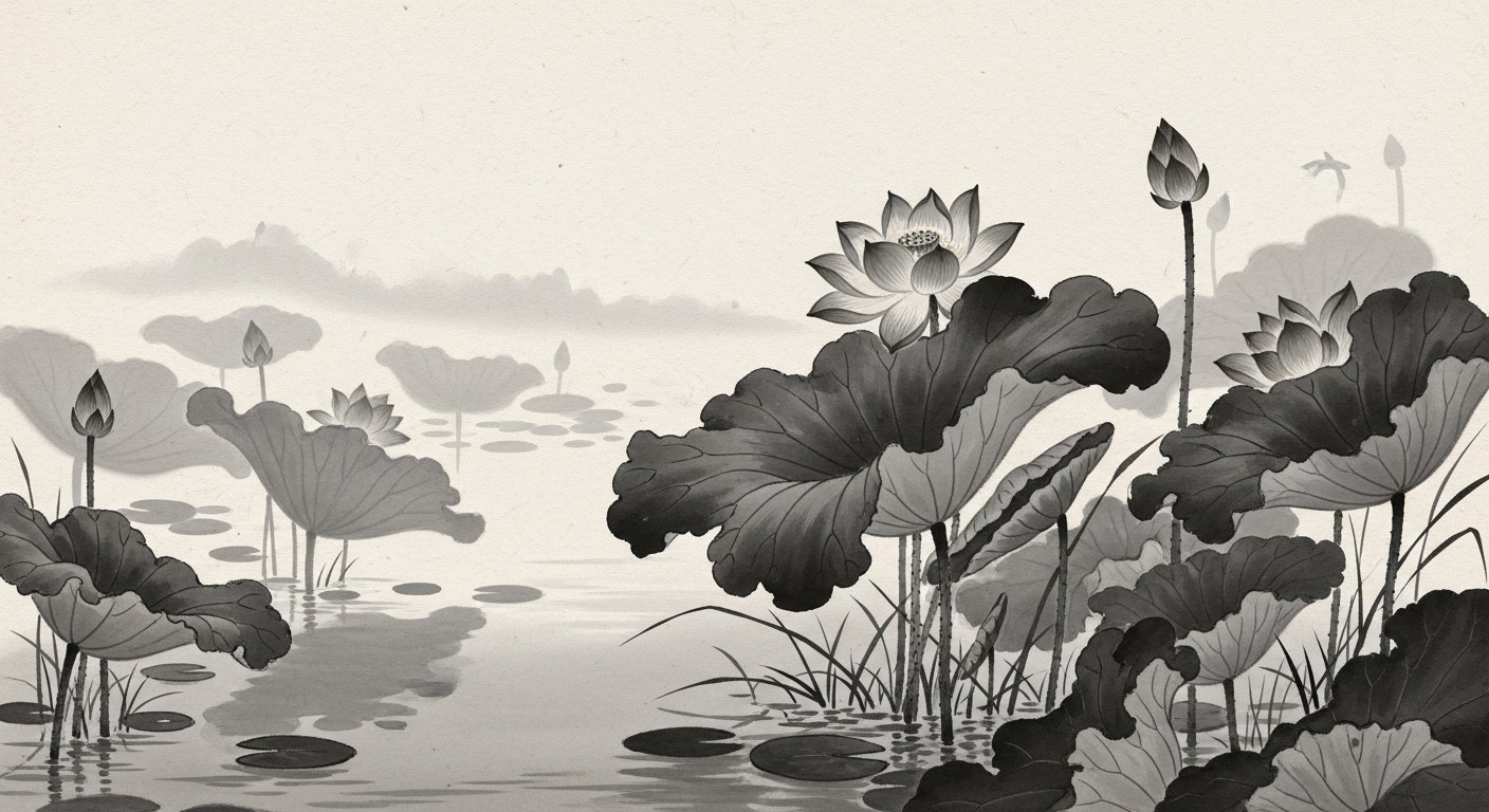 Japanese sumi-e ink painting of a lotus pond at dawn with brushstroke stems and reflections
