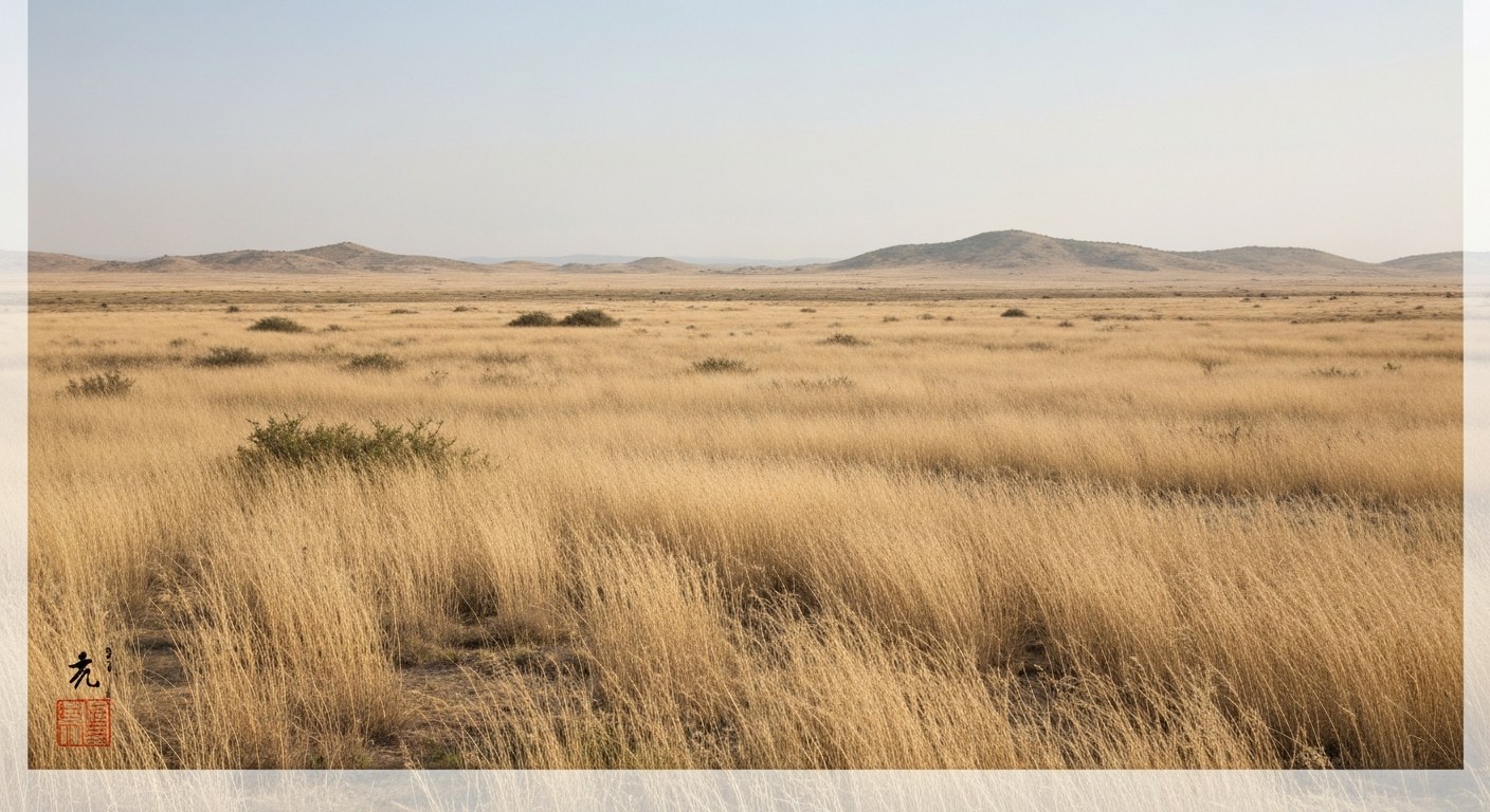 Watercolour of arid grassland under a vast pale sky with distant hills in heat haze on aged parchment