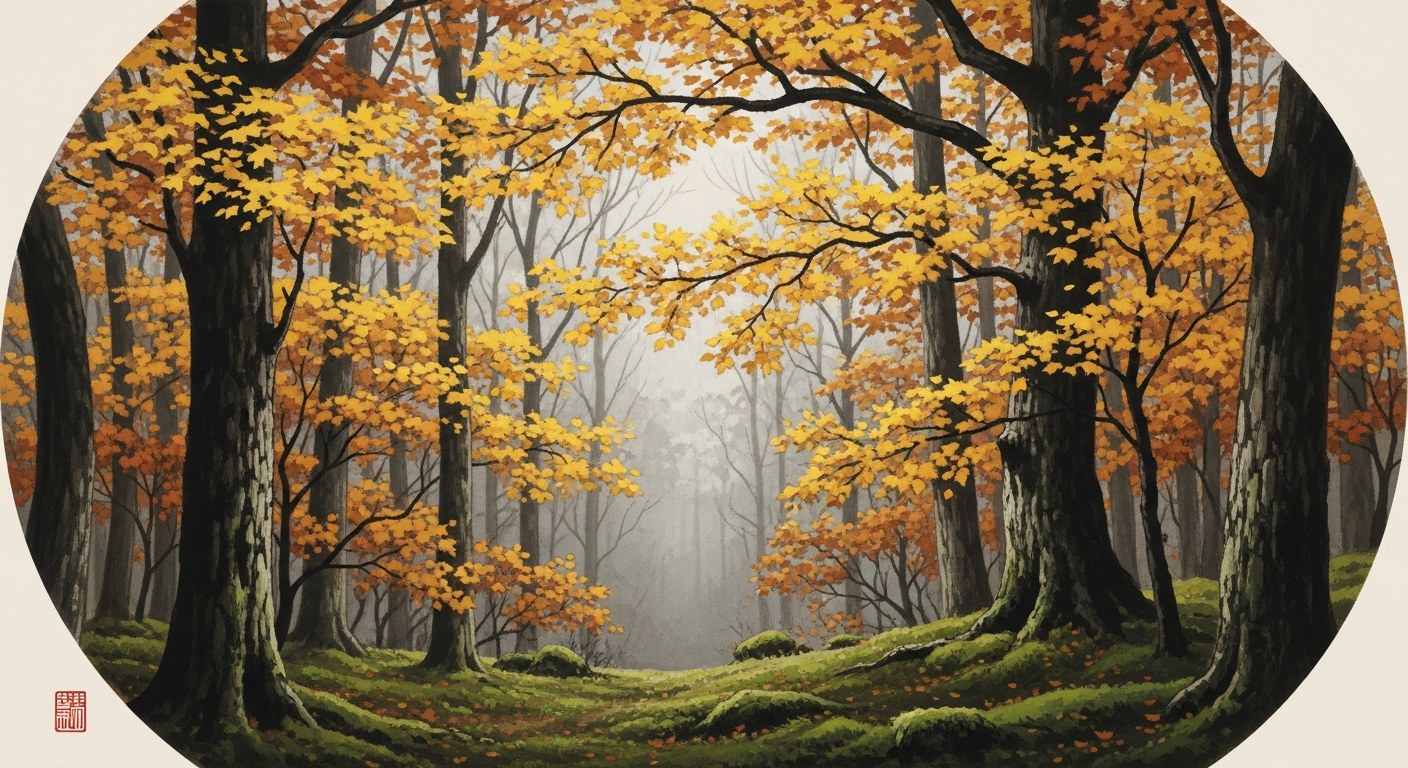 Soft watercolour of dappled autumn woodland in golden and russet tones on aged parchment