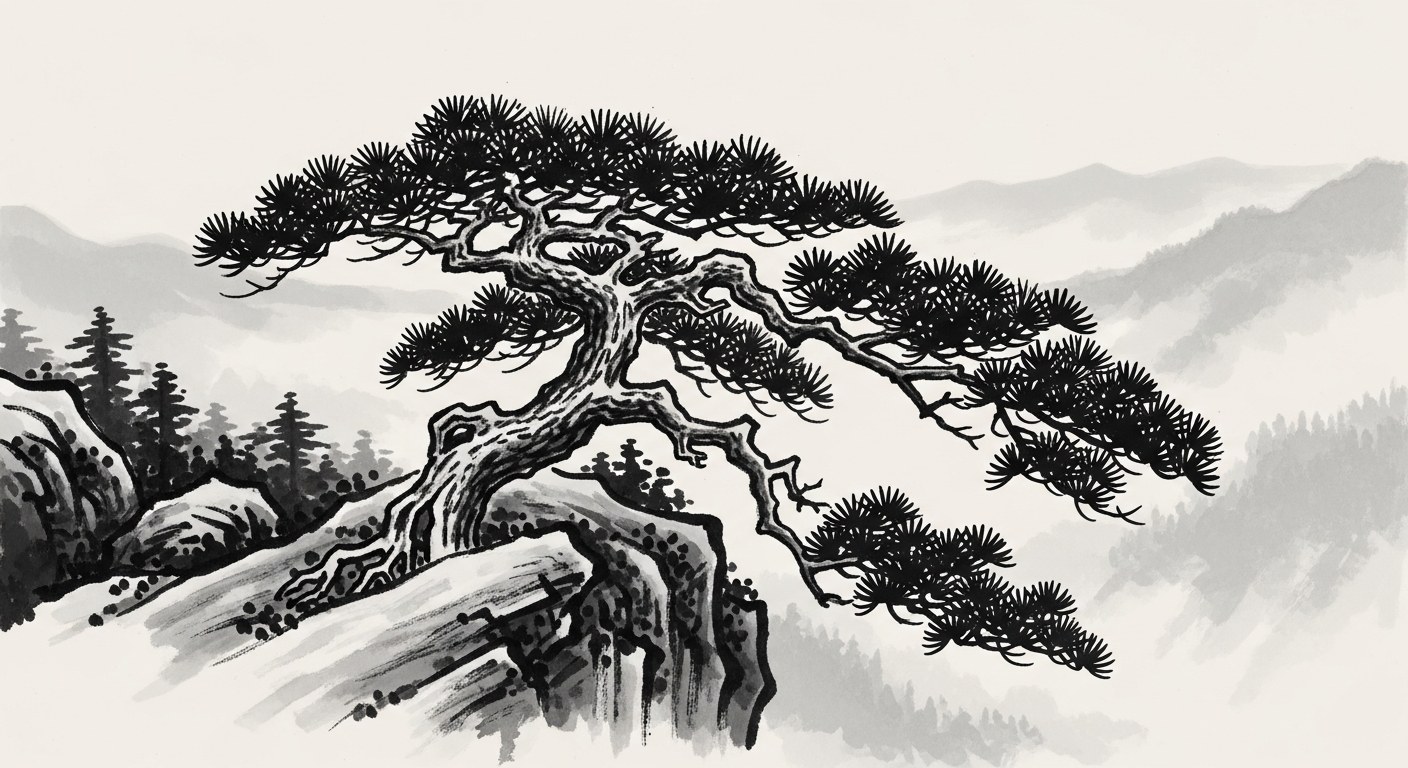 Japanese sumi-e ink painting of a solitary windswept pine on a rocky outcrop above a misty valley