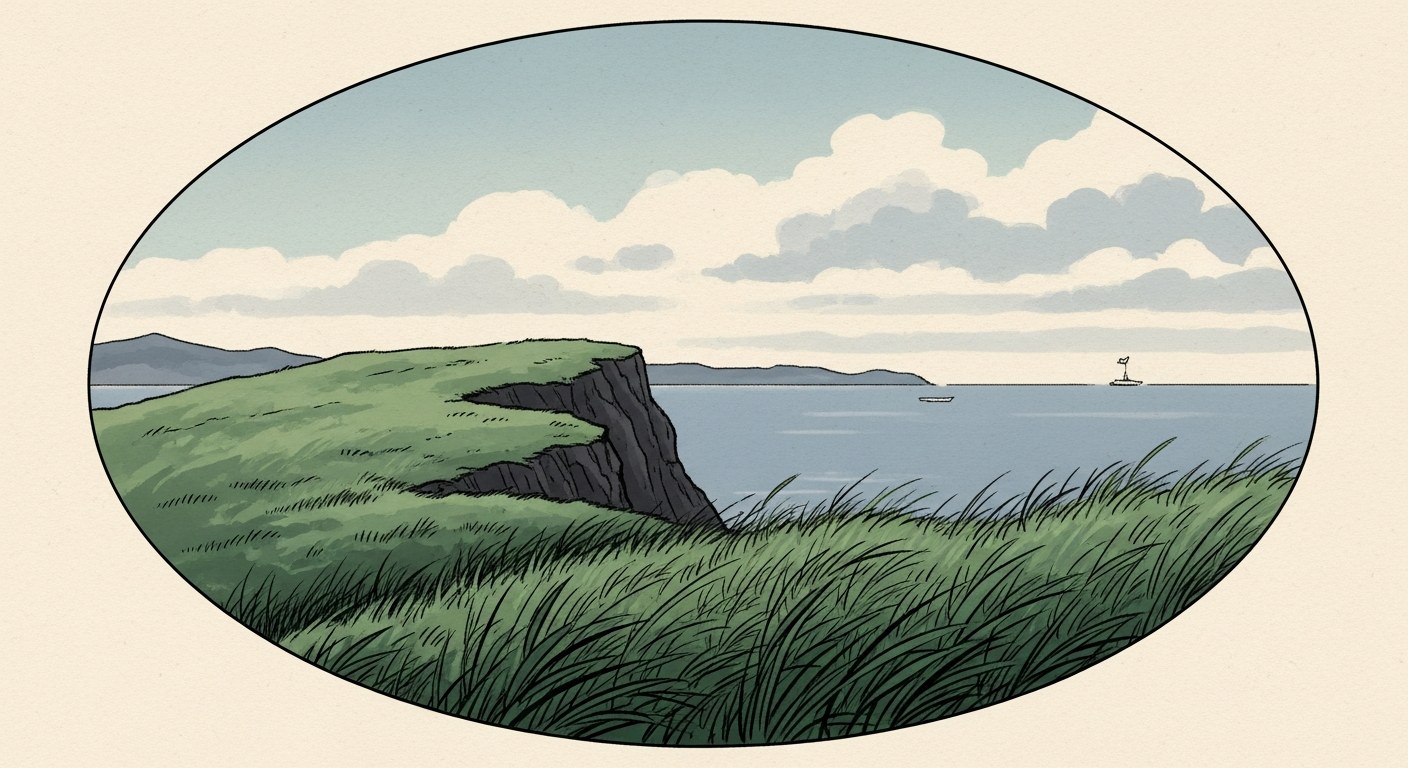 Japanese sumi-e ink painting of a dramatic grassy clifftop above a distant ocean horizon