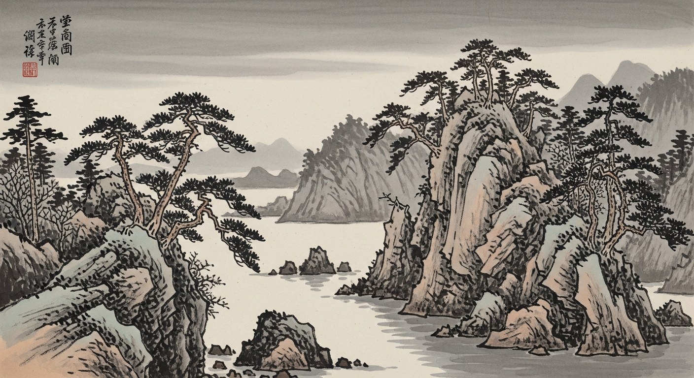 Japanese sumi-e ink painting of a rocky coastal inlet with gnarled pines on the cliffs