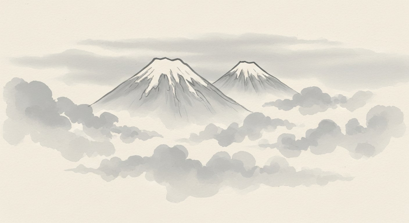 Japanese sumi-e ink painting of two parallel mountain peaks rising through soft morning cloud