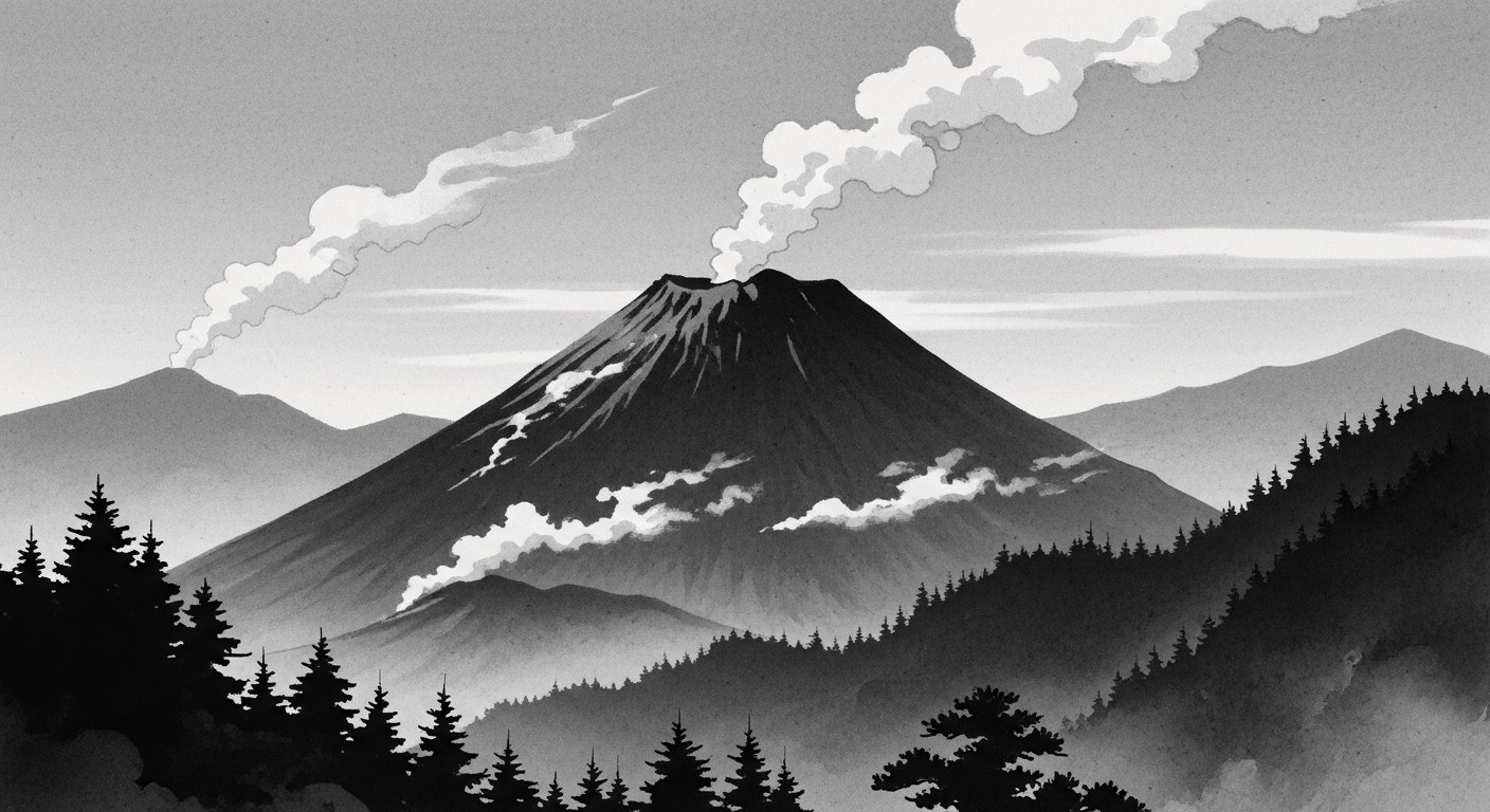 Japanese sumi-e ink painting of a volcanic mountain with wispy steam above pine slopes