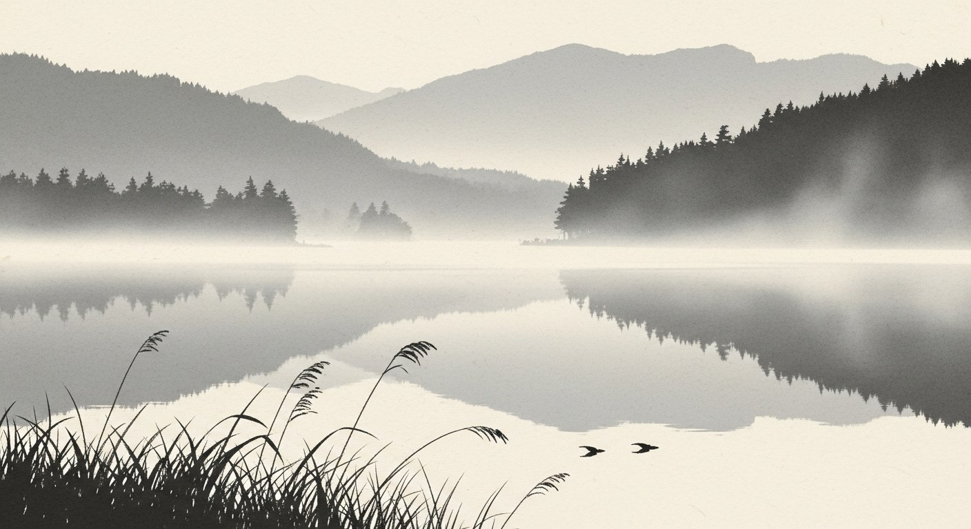 Japanese sumi-e ink painting of a calm misty lake at dawn with a single small boat