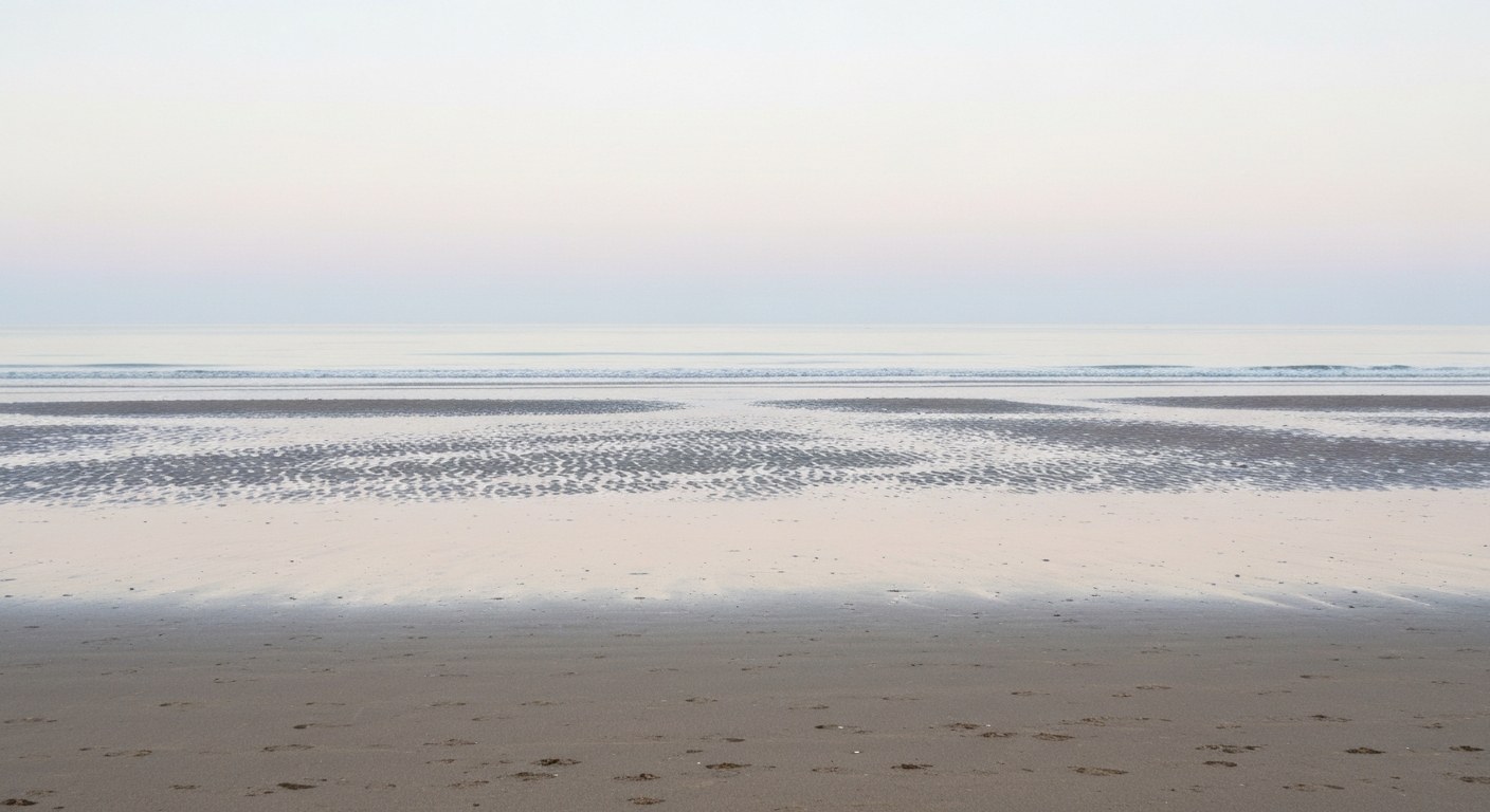 Watercolour of a wide sandy beach at low tide with soft reflections on aged parchment