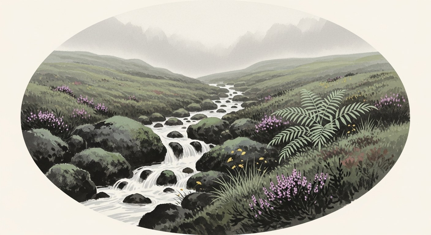 Watercolour of a mountain stream tumbling over mossy boulders with fern and heather on aged parchment
