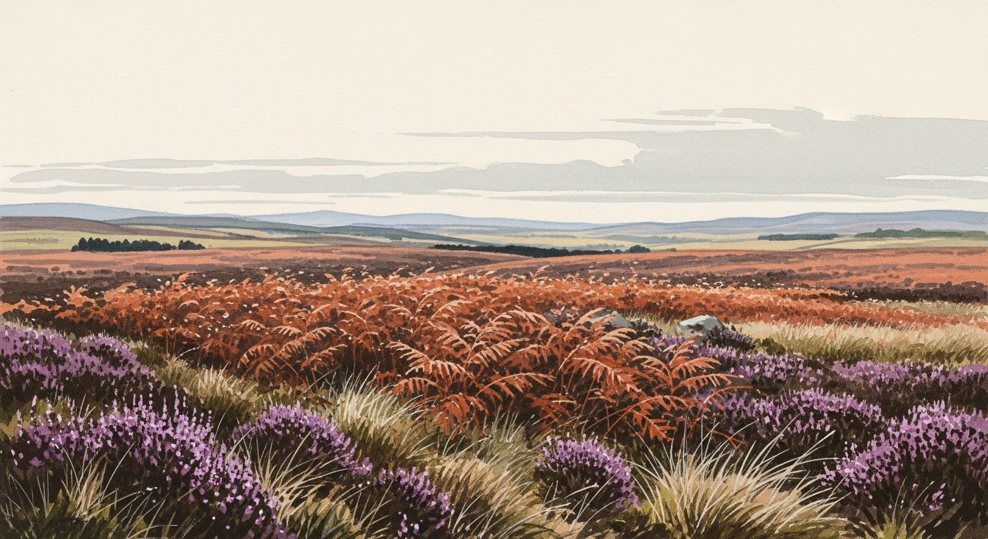 Soft watercolour of open moorland in autumn
