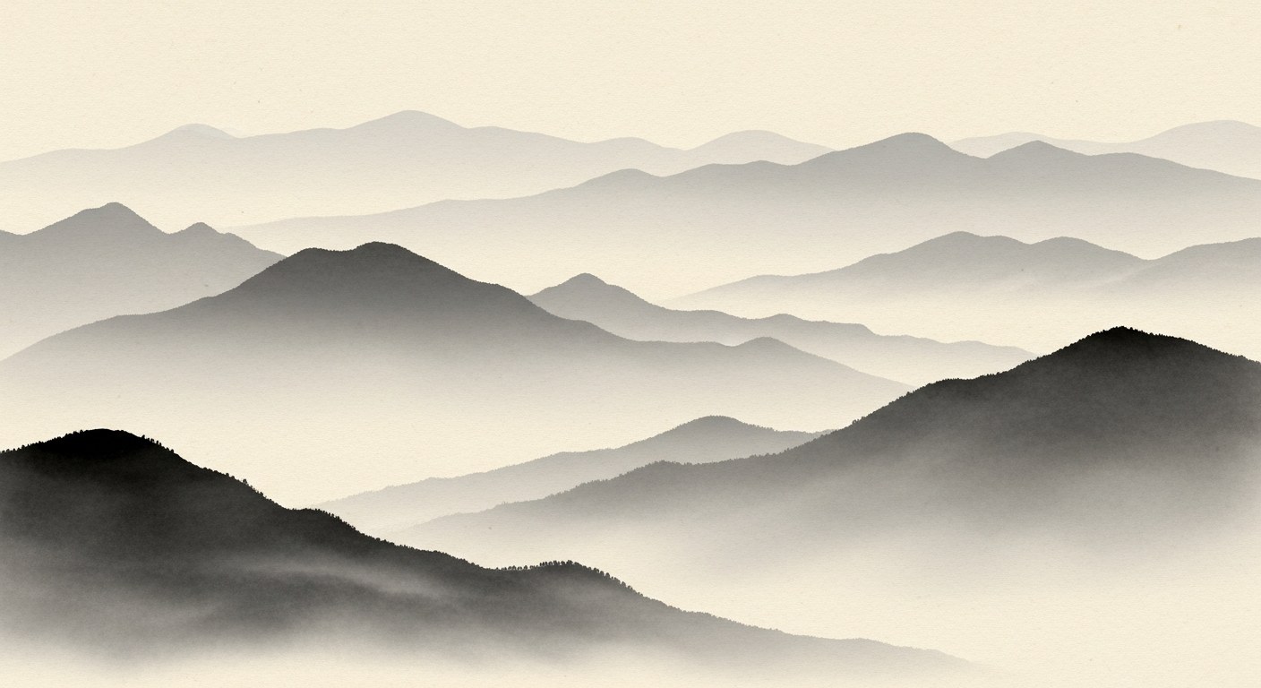 Japanese sumi-e ink painting of layered mountain ridgelines receding into atmospheric haze