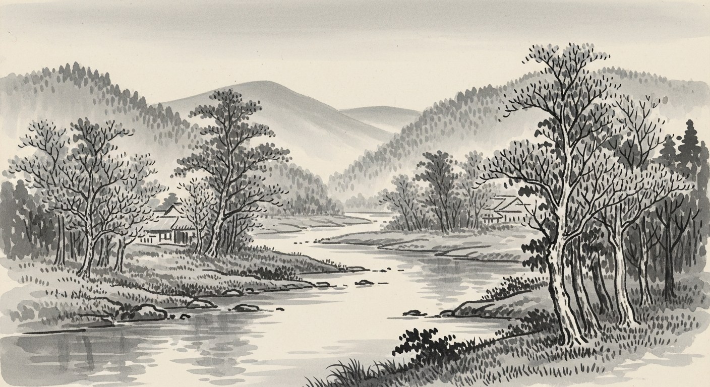 Japanese sumi-e ink painting of two clear streams converging into a single calm river