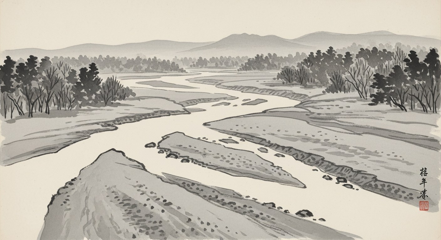 Japanese sumi-e ink painting of a wide river winding and branching through pale ink-wash flats