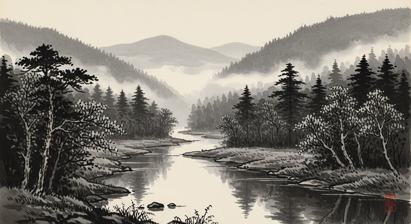 Japanese sumi-e ink painting of a mountain river winding through a forested valley in morning mist