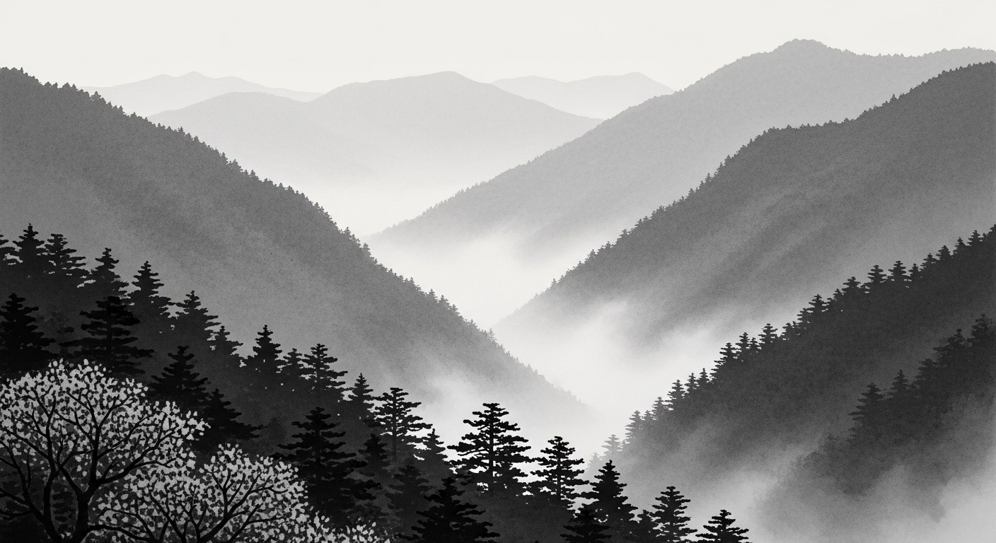 Japanese sumi-e ink painting of a misty mountain pass linking two quiet valleys