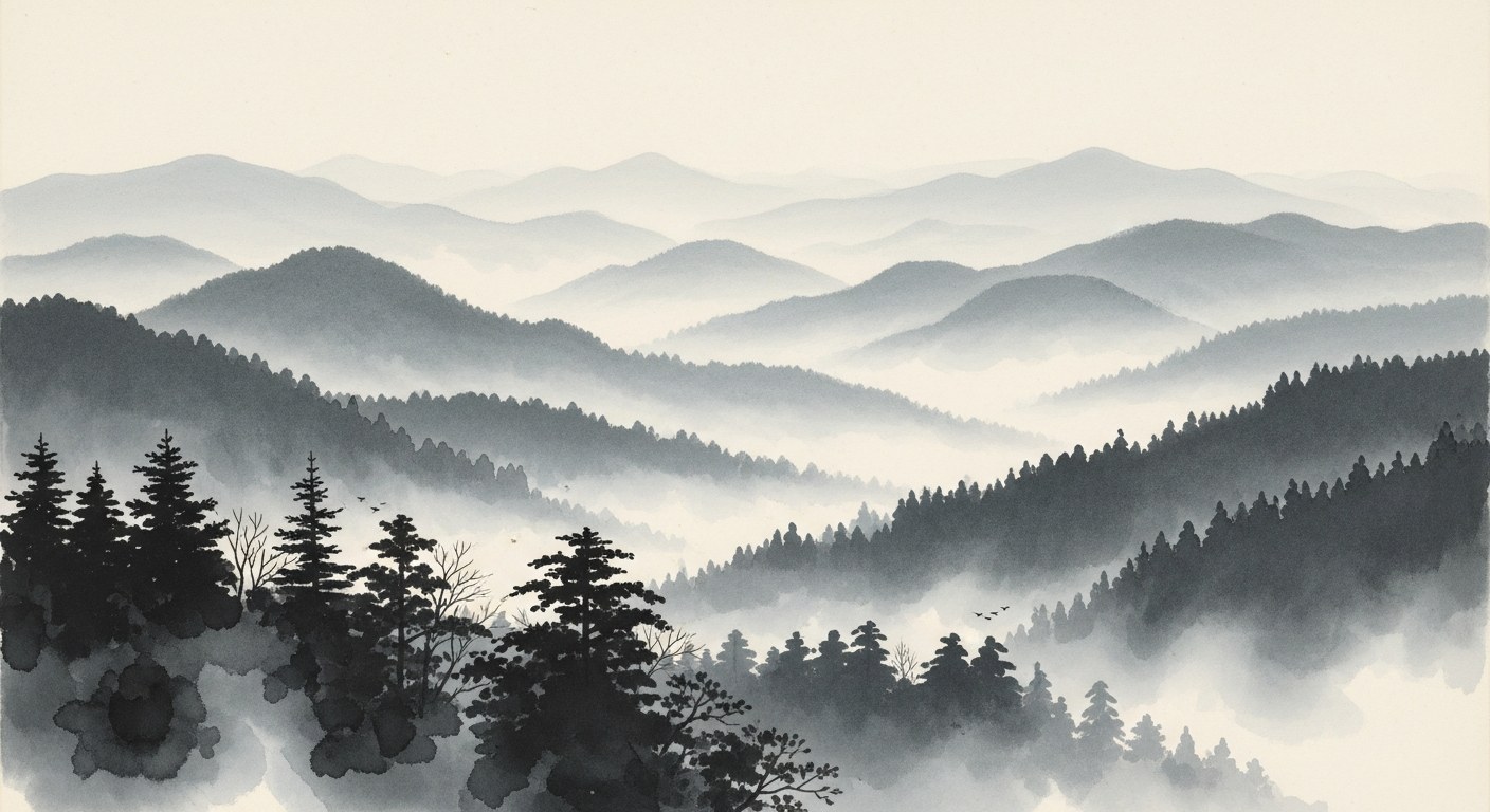 Japanese sumi-e ink painting of rolling forested hills blanketed in morning mist