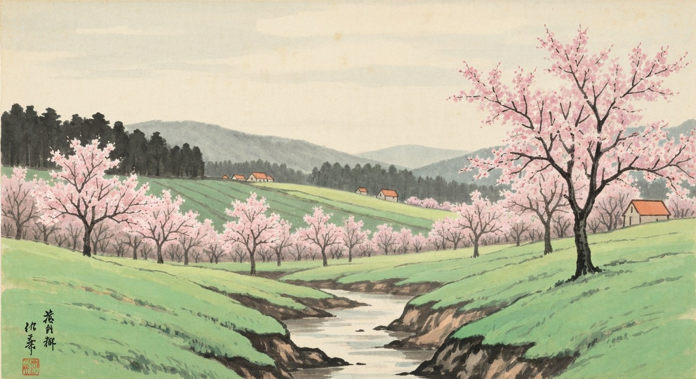 Japanese sumi-e ink painting of a gentle valley in spring with a stream and pale blossom