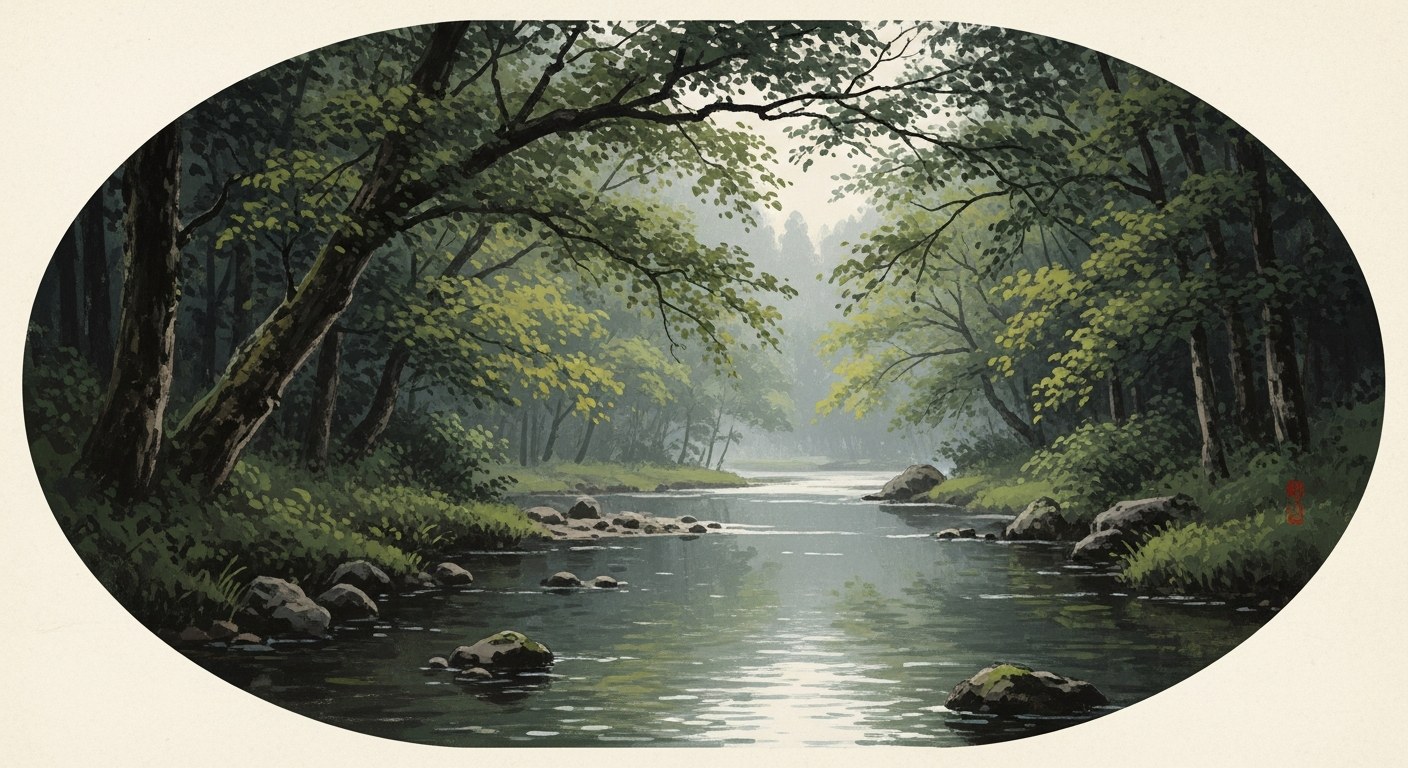 Watercolour of a tranquil river in a wooded valley with dappled light on aged parchment