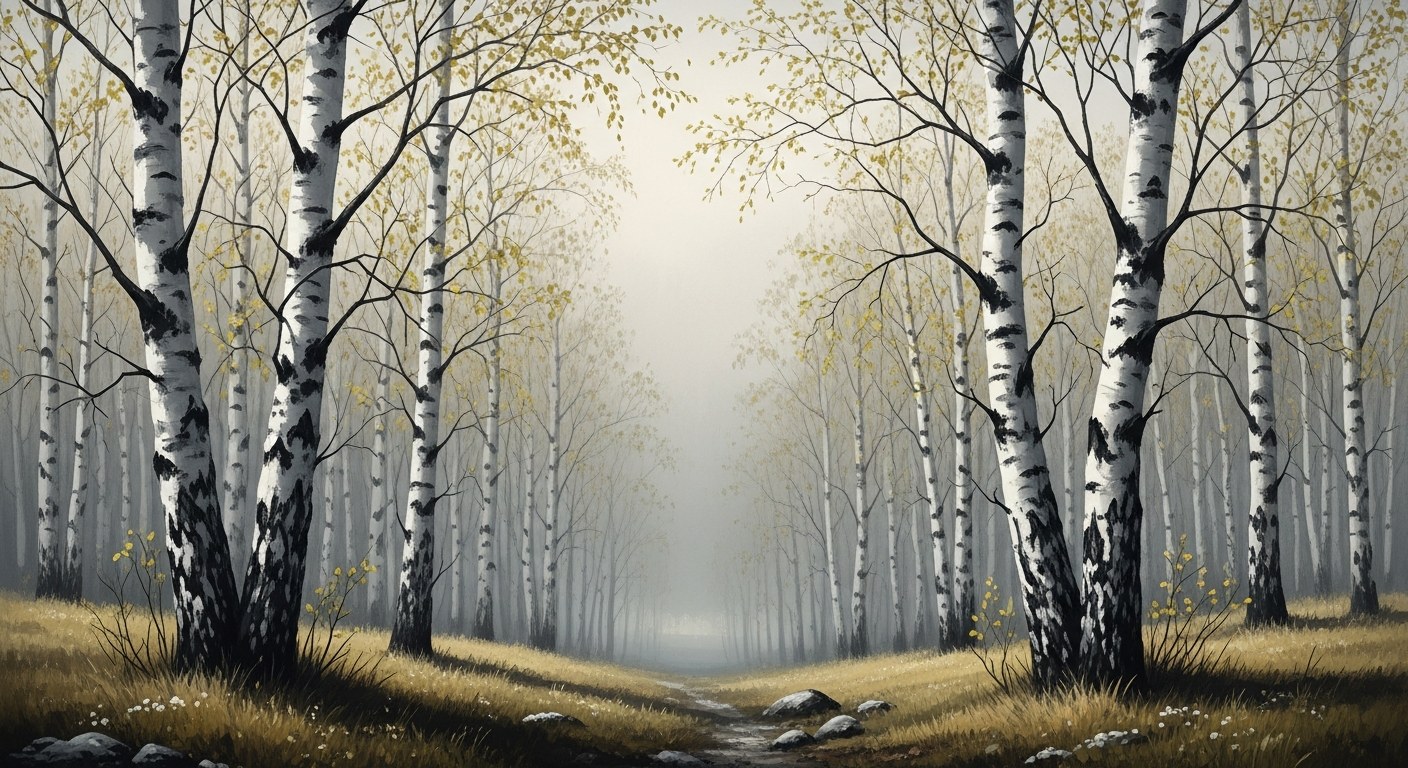Soft watercolour of ancient birch woodland in spring