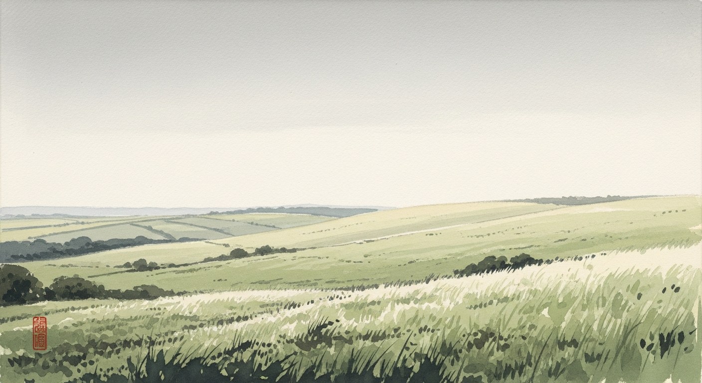 Soft watercolour of wide open chalk downland