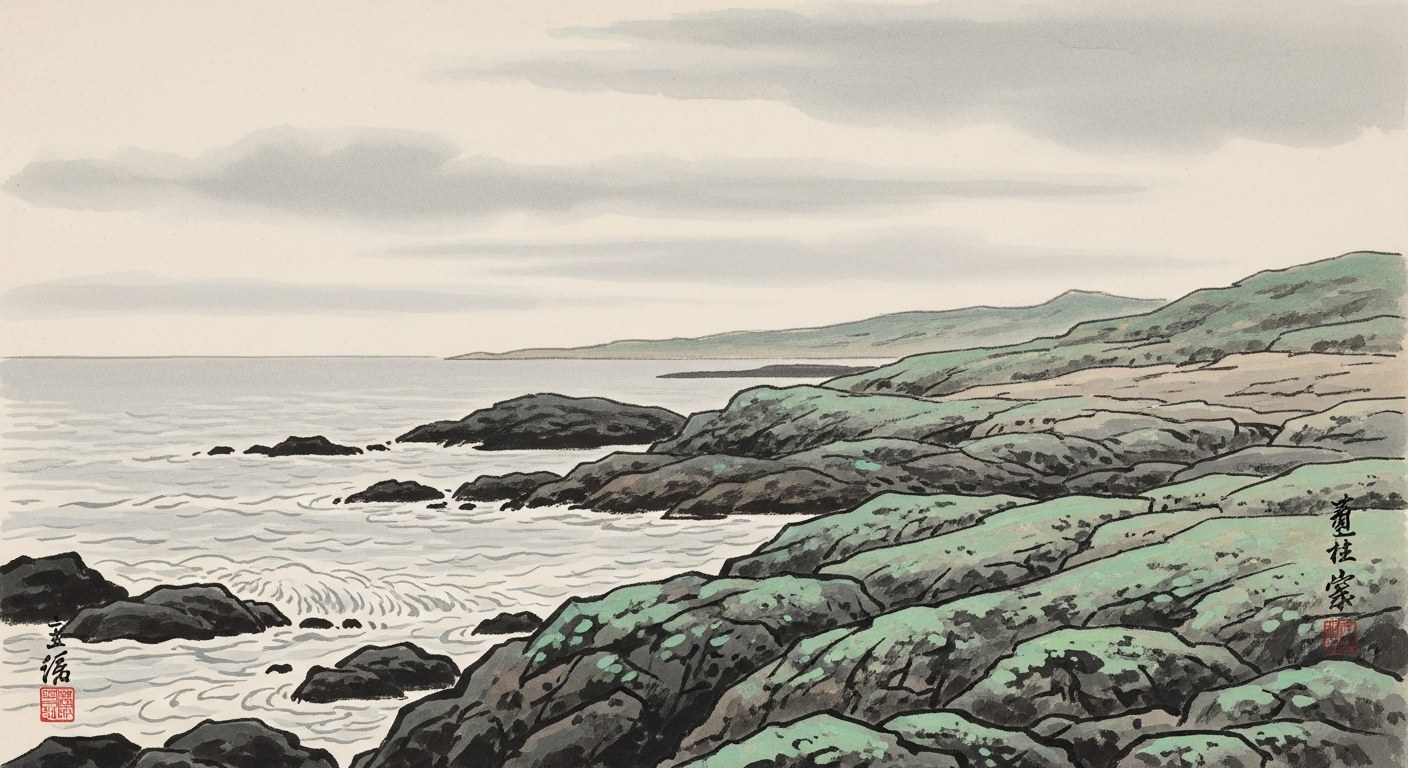 Watercolour of a rocky coastline with gentle waves and lichen-covered rocks on aged parchment