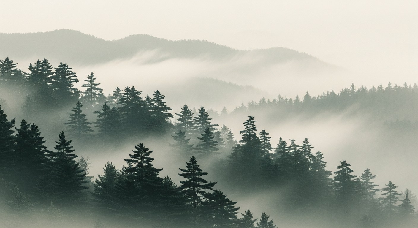 Soft watercolour of a misty pine forest on a hillside in grey-green tones on aged parchment