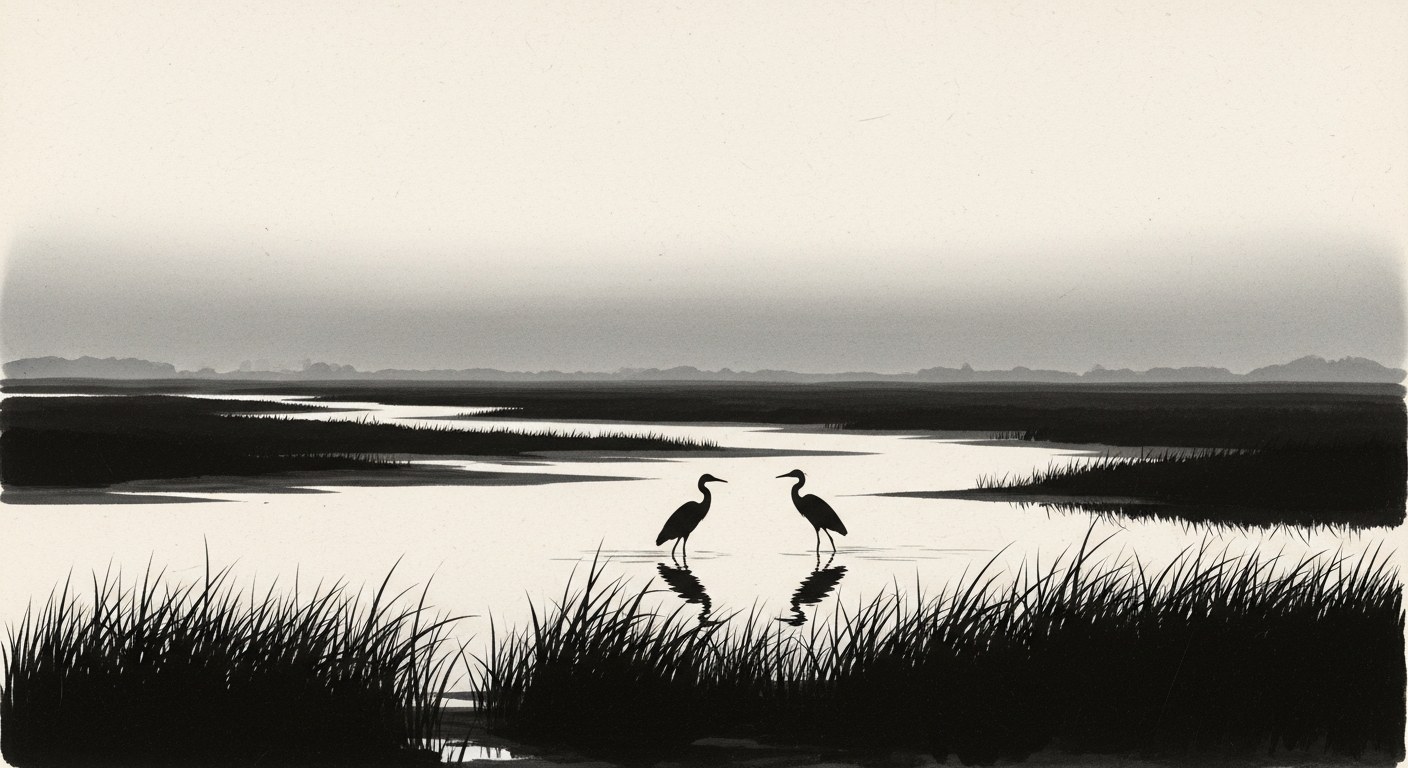 Japanese sumi-e ink painting of a wide river estuary at dawn with two egret silhouettes