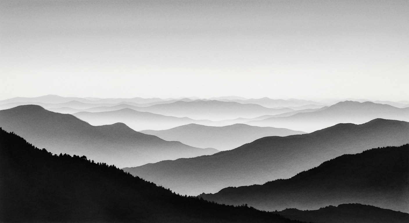 Japanese sumi-e ink painting of rolling mountain ridgelines at dawn