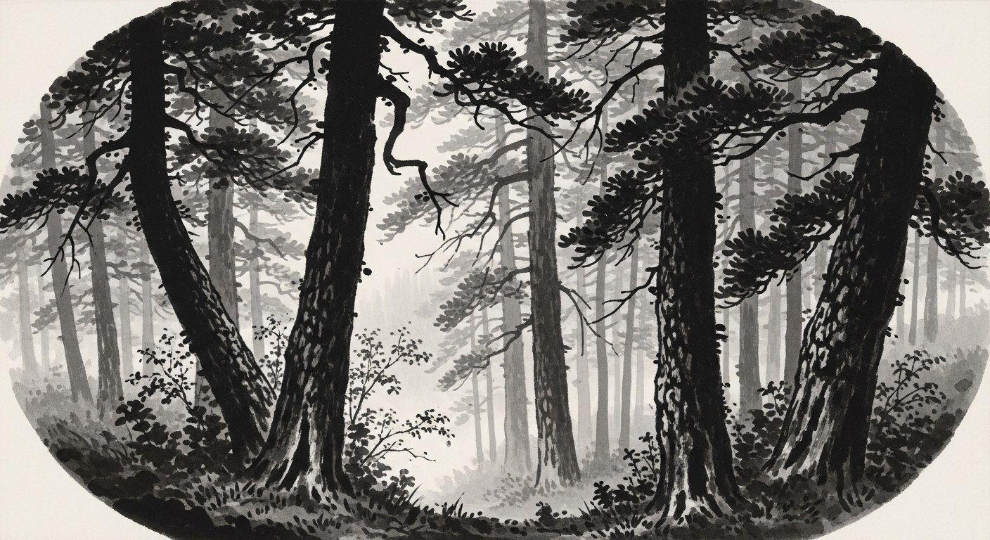 Japanese sumi-e ink painting of an ancient forest with twisted old-growth pines in mist