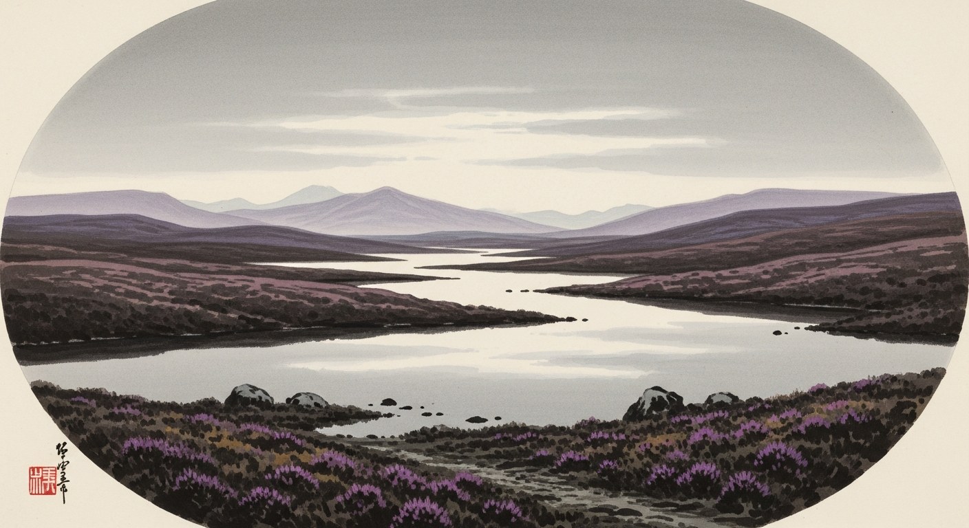 Watercolour of a highland loch surrounded by heather moorland in purple haze on aged parchment