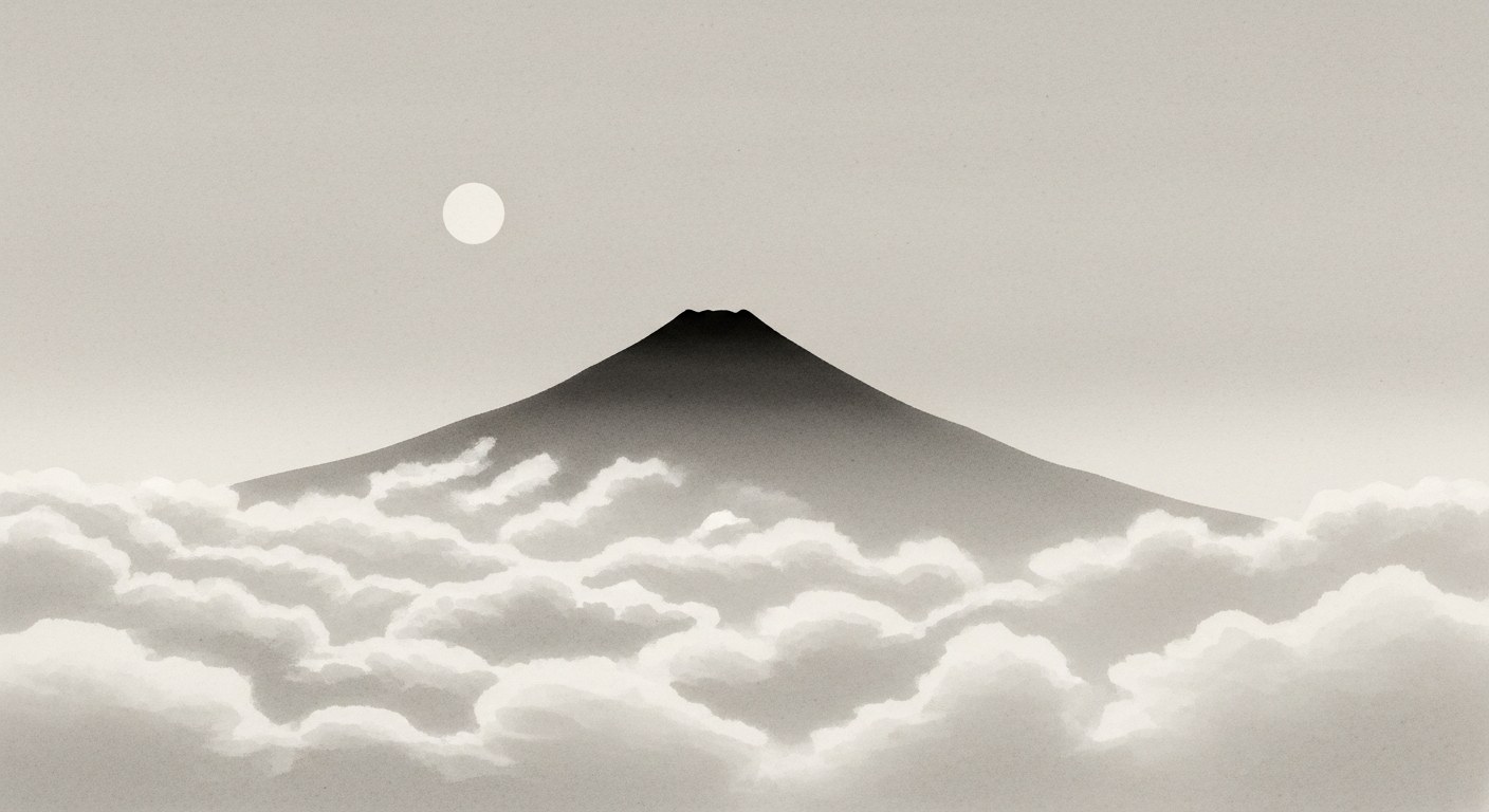 Japanese sumi-e ink painting of a mountain peak in moonlight above a sea of cloud