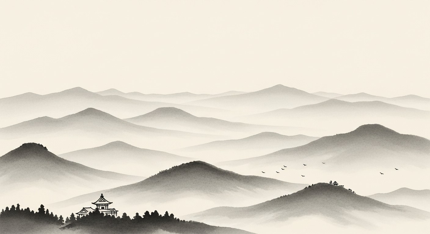 Japanese sumi-e ink painting of distant mountain ridges fading into atmospheric ink-wash haze