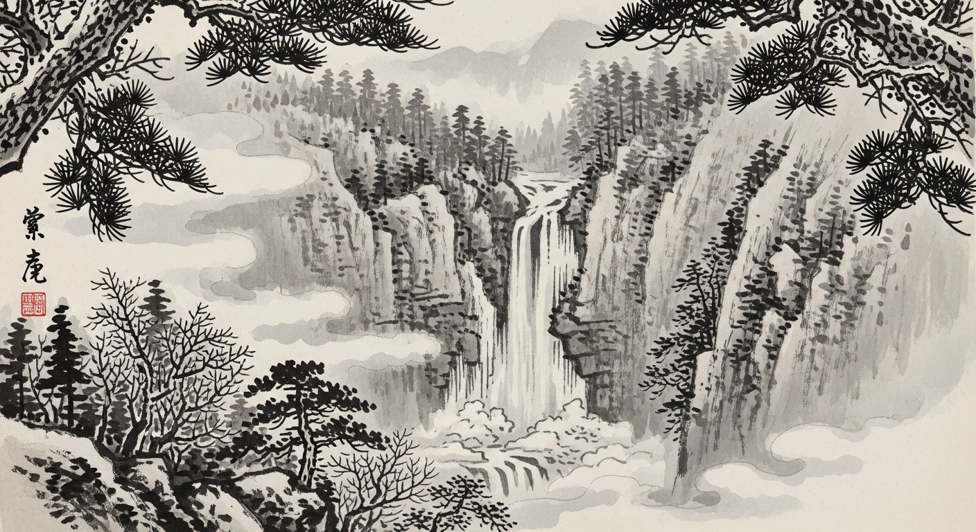 Japanese sumi-e ink painting of a frozen waterfall on a steep mountain cliff in winter