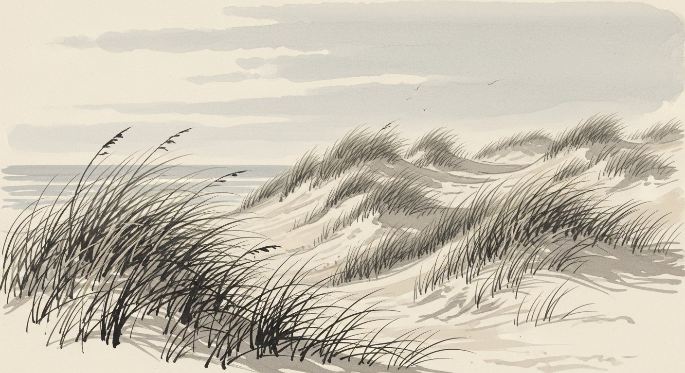 Japanese sumi-e ink painting of coastal sand dunes with marram grass under a wide open sky
