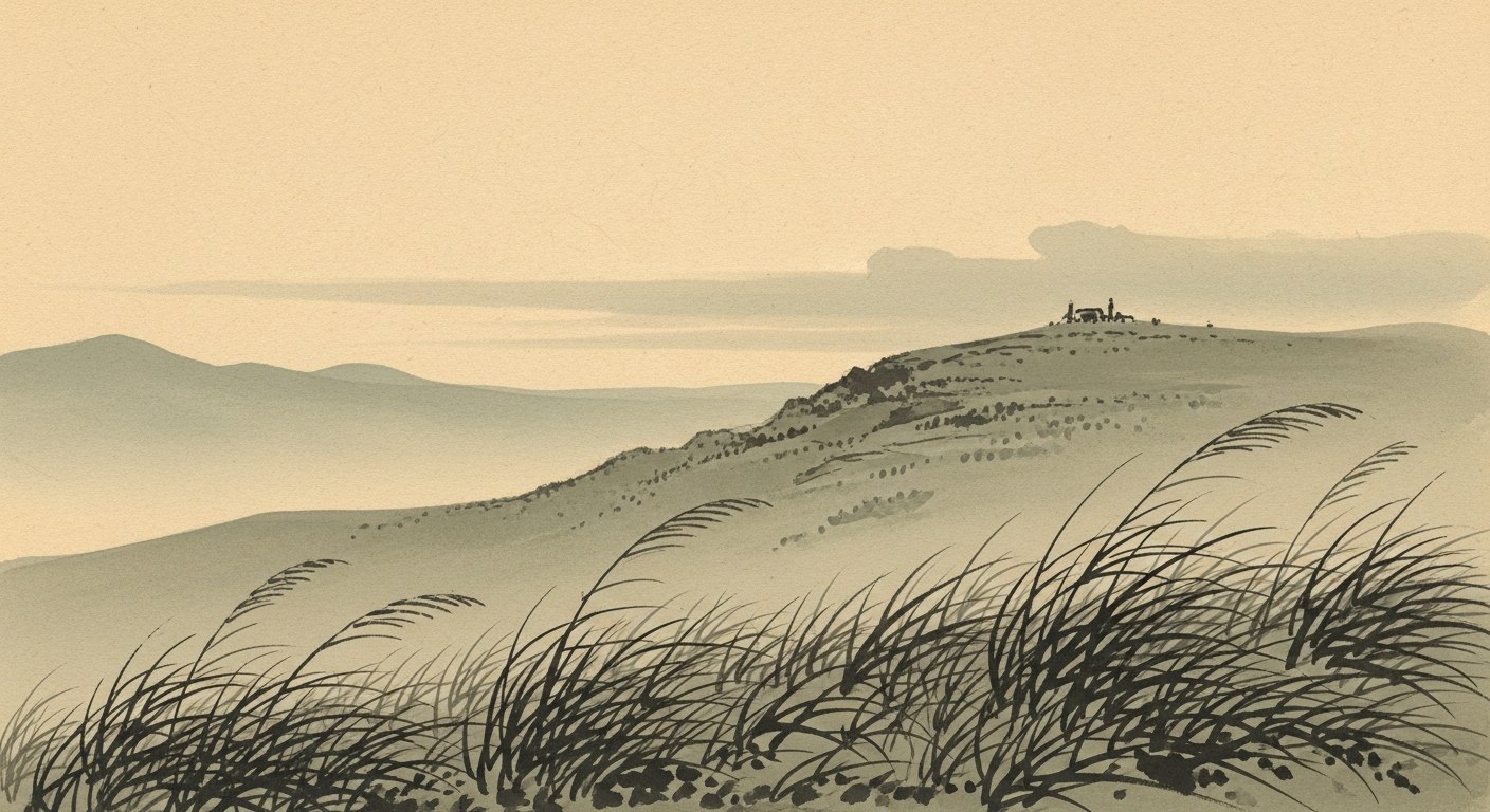 Watercolour of a high mountain plateau under a vast open sky in pale gold on aged parchment
