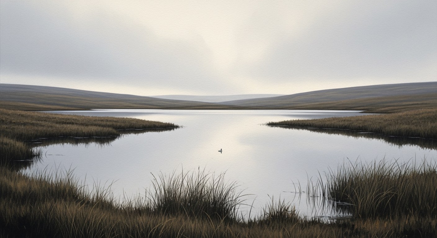 Watercolour of a calm moorland lake reflecting an overcast sky, soft silver tones on aged parchment