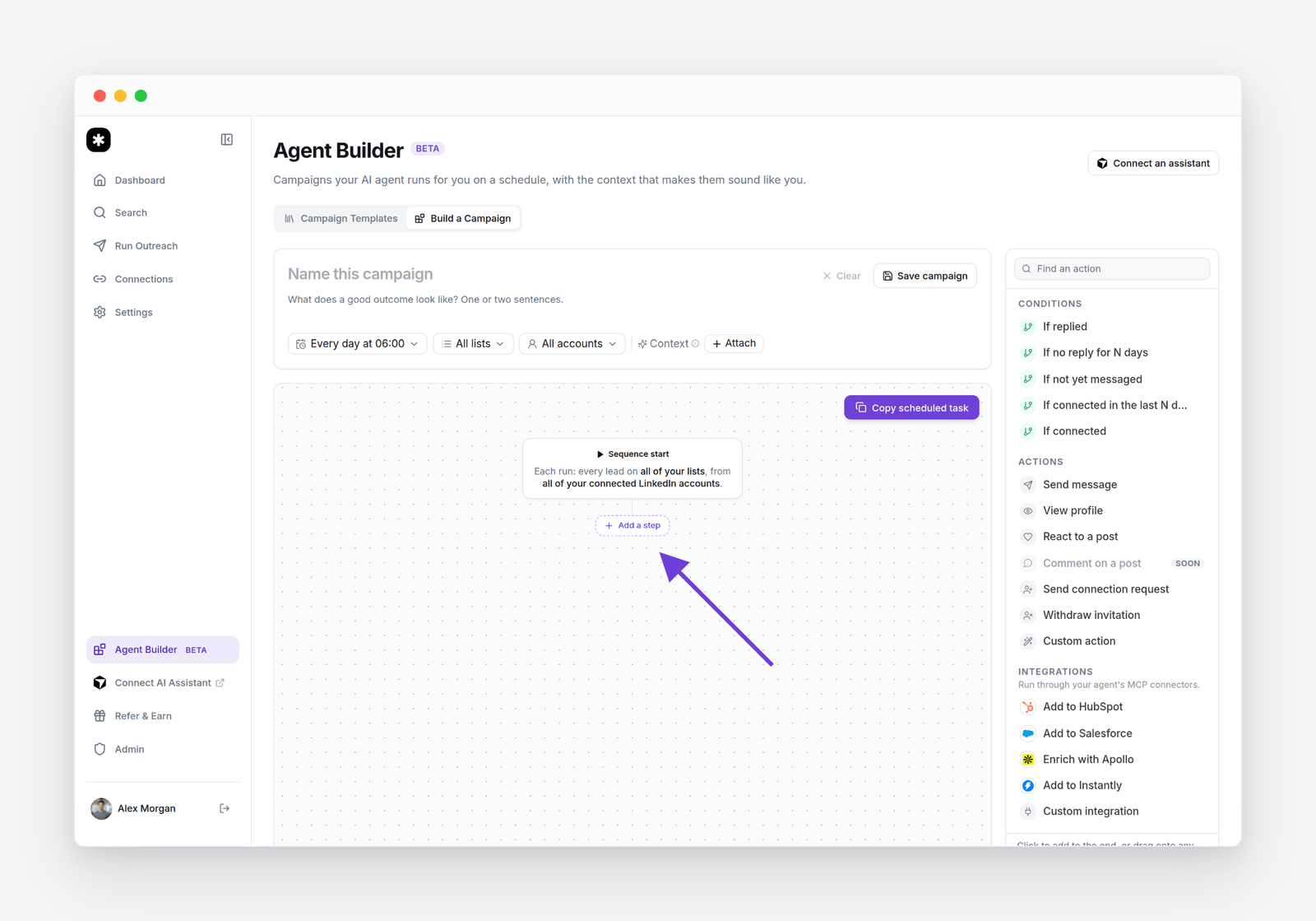 An empty campaign in Agent Builder with the Add a step picker open under Sequence start, listing conditions and actions