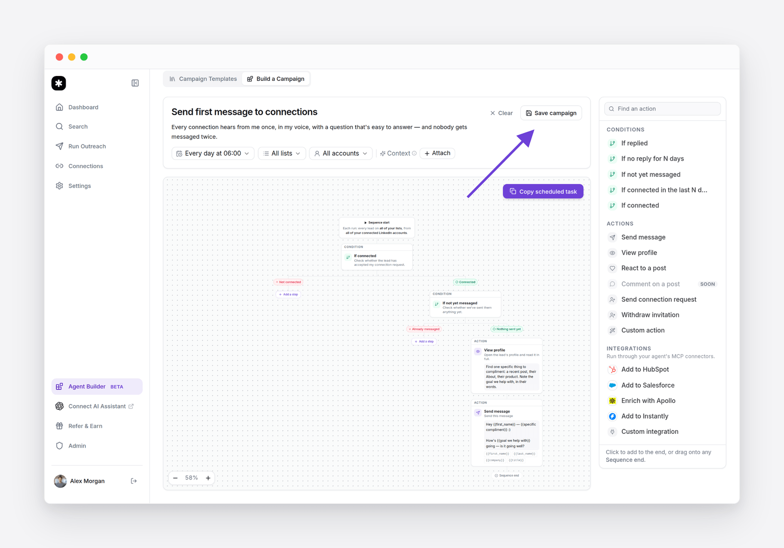 The Build a Campaign tab with the Send first message to connections template open: settings at the top, the sequence drawn as a tree on the canvas, and the action list on the right