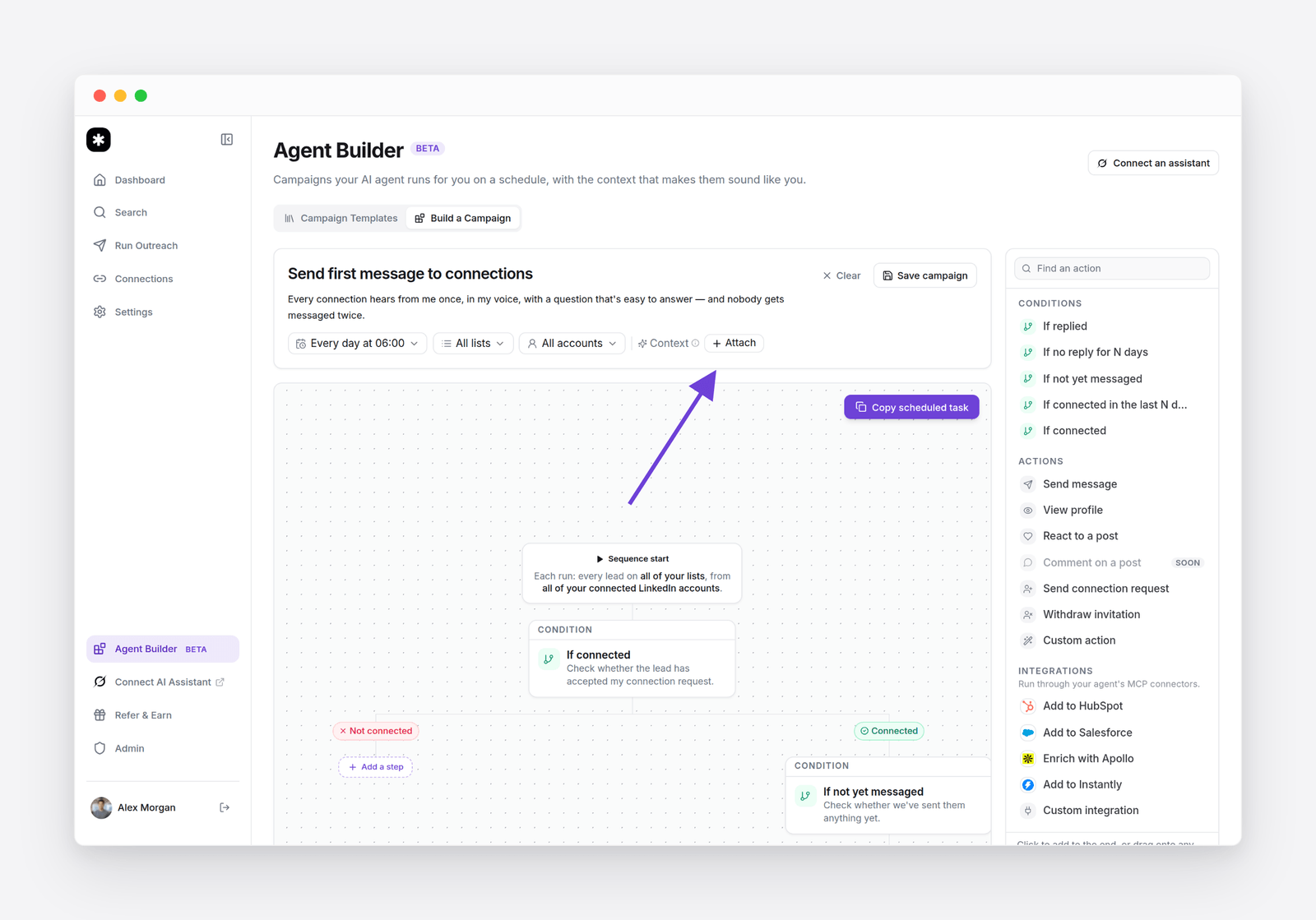 The Attach menu open in Agent Builder, listing the four context templates by Flow AI, a Your skills section, and a New skill button