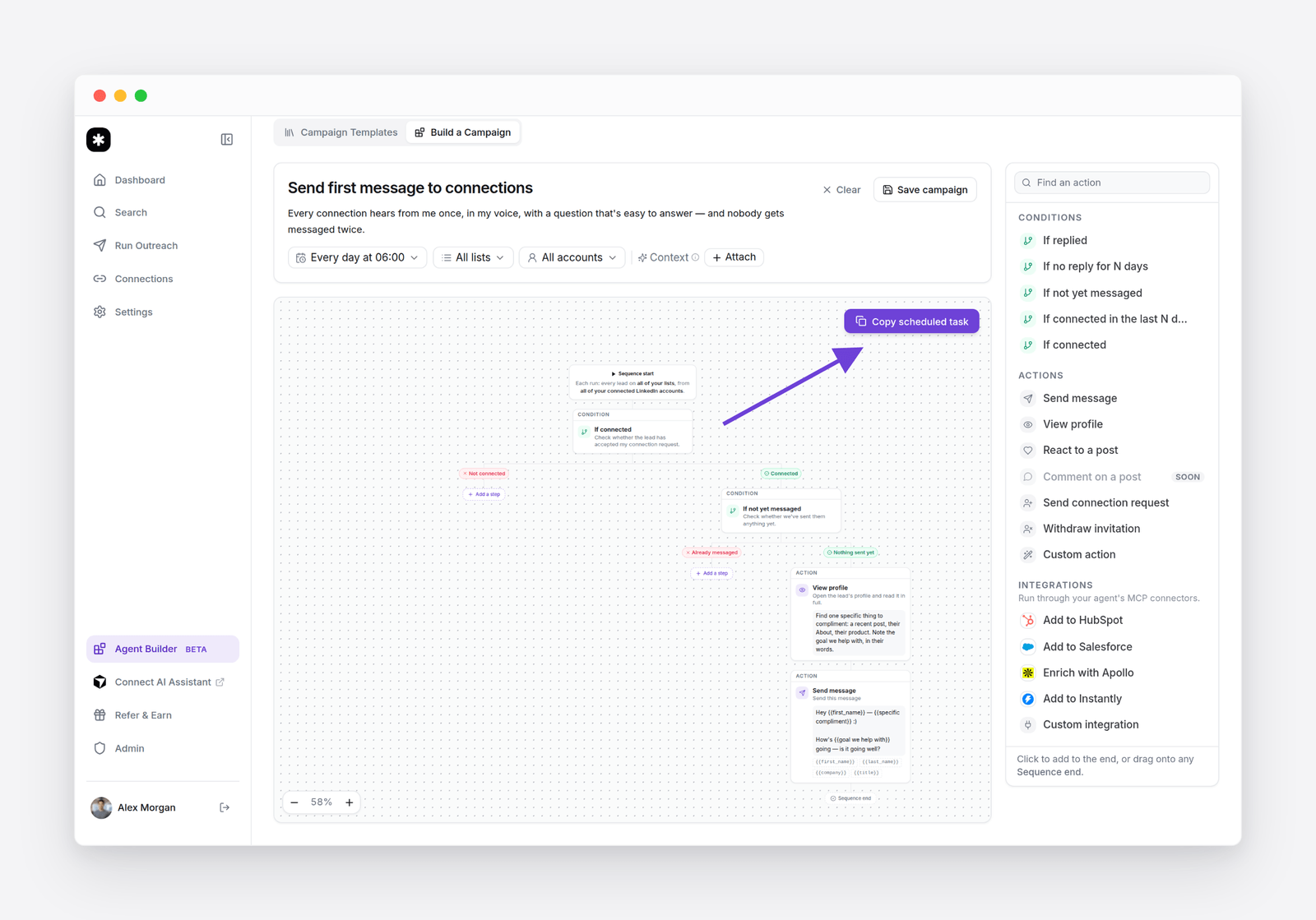 The Agent Builder canvas with an arrow pointing to the Copy scheduled task button in its top-right corner