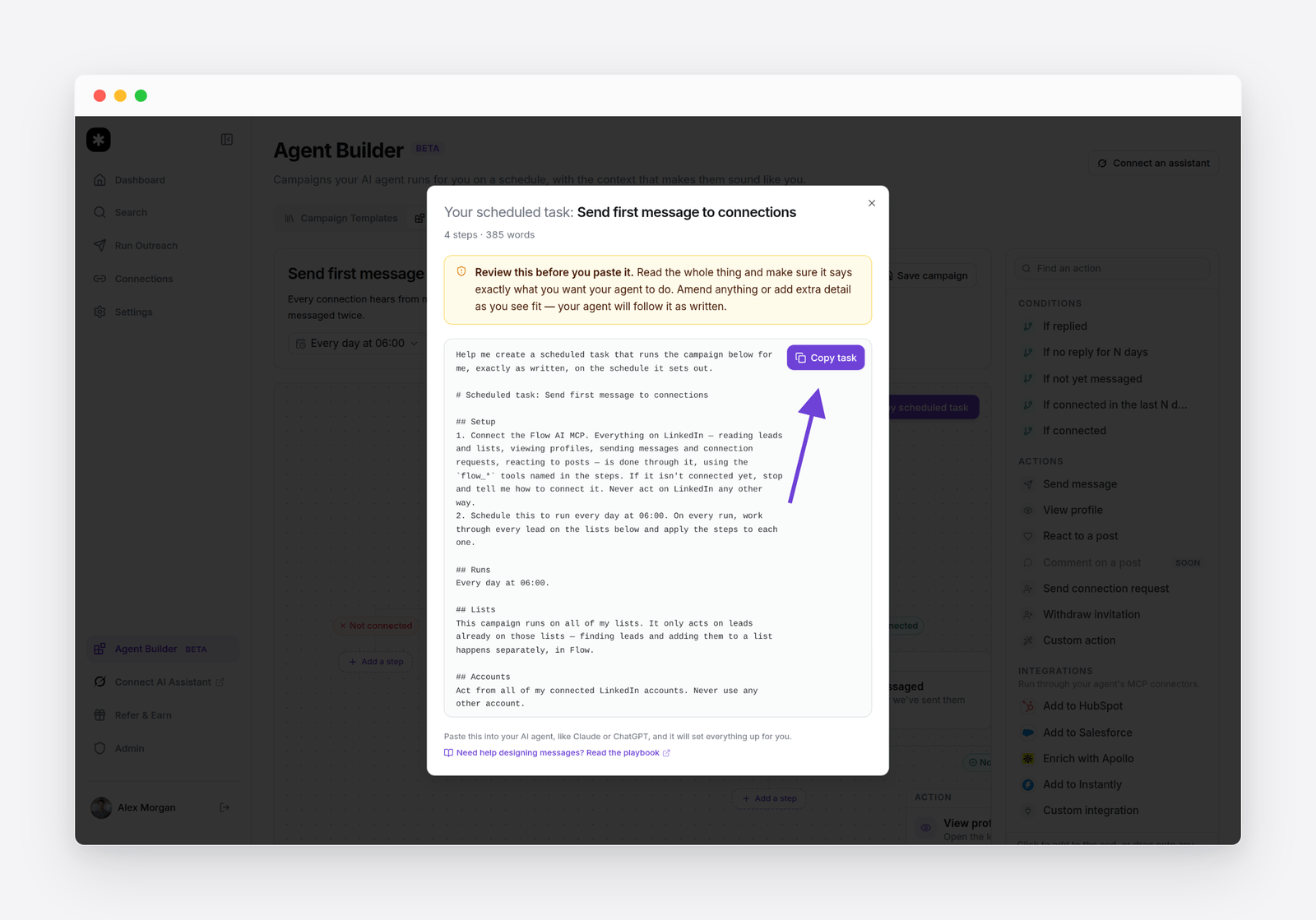 The Your scheduled task window in Agent Builder: a reminder to review the text, the campaign written out in full, and a Copy task button