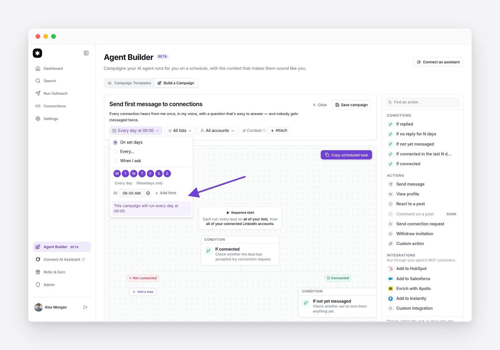 The schedule menu open in Agent Builder, with On set days selected, every day of the week picked and a 06:00 run time