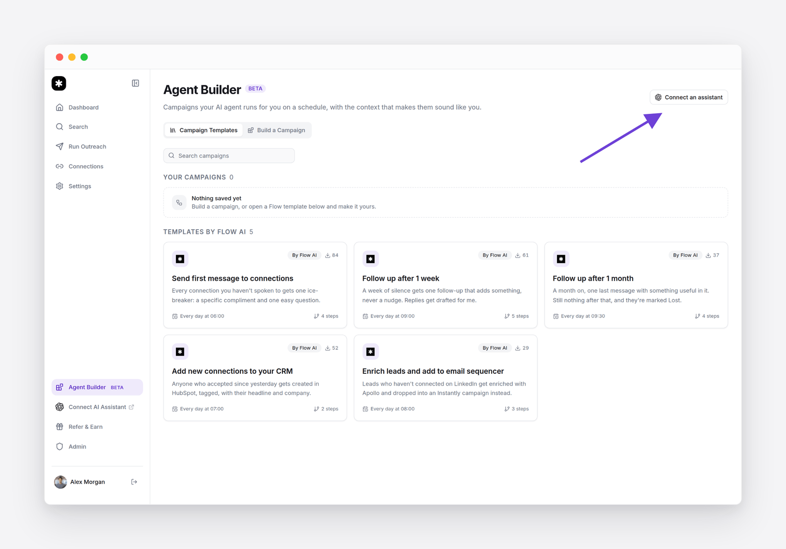 The Campaign Templates tab in Agent Builder, showing five templates by Flow AI, each with its schedule and number of steps