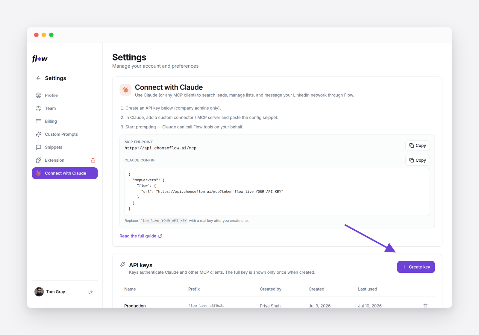 Settings &rarr; Connect with Claude: the MCP endpoint, a config snippet, and the API keys table with a Create key button