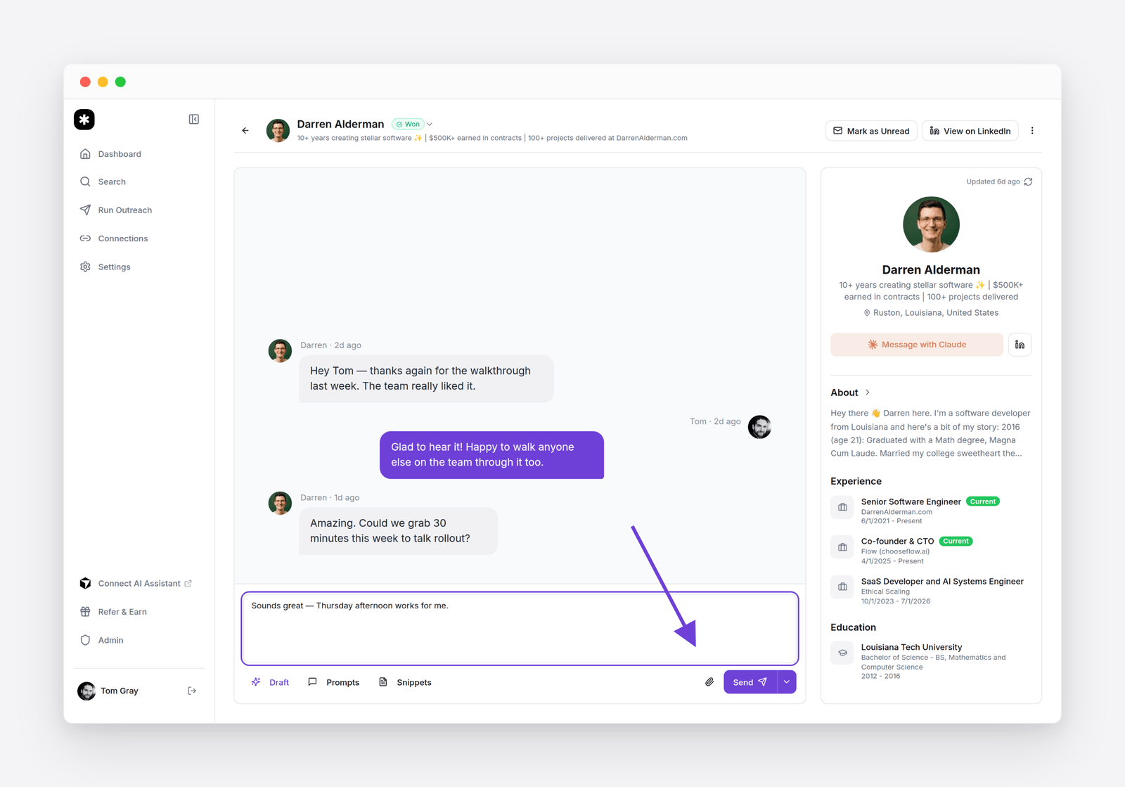 Flow’s conversation view with the message composer and the attach (paperclip) button highlighted